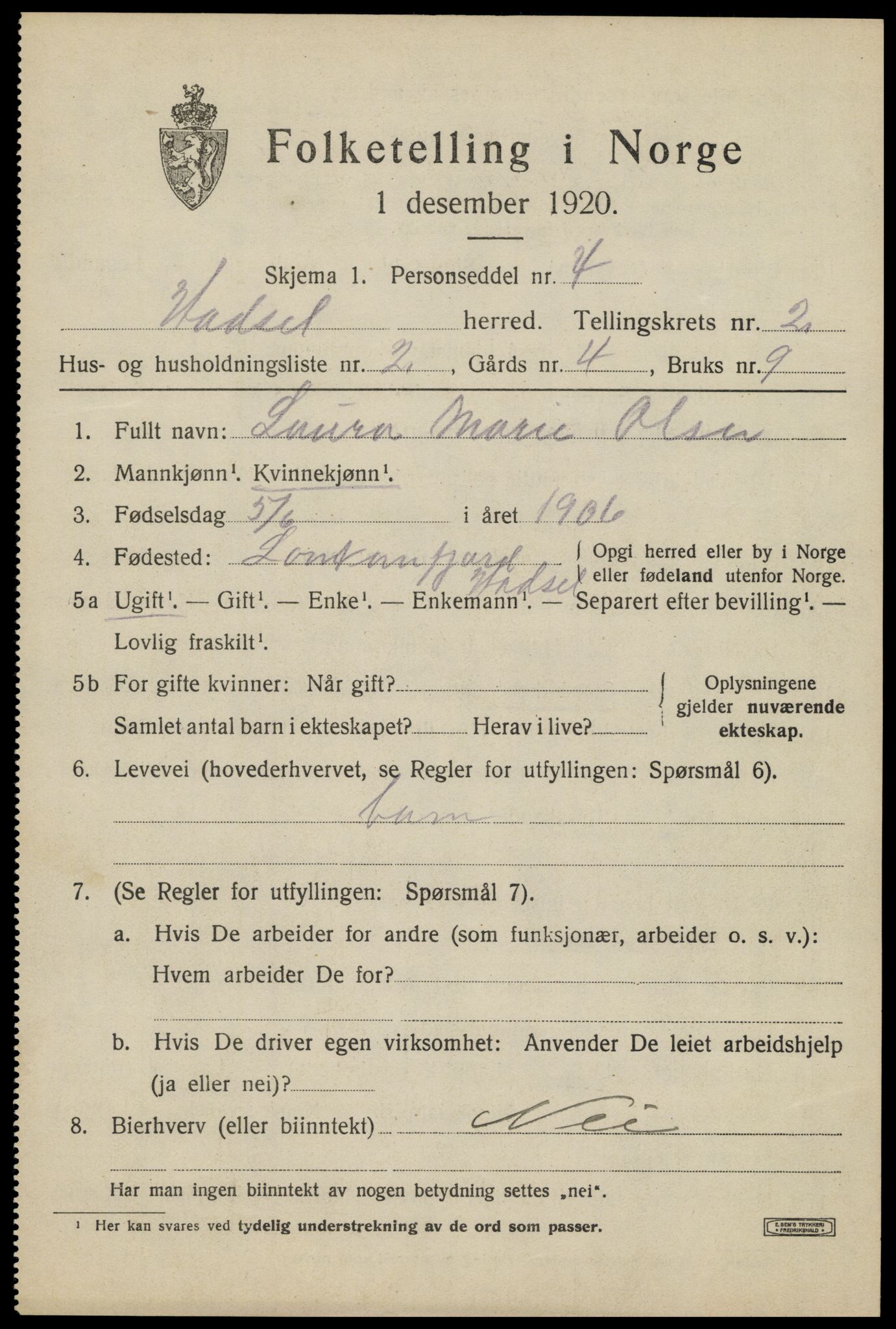 SAT, 1920 census for Hadsel, 1920, p. 3986