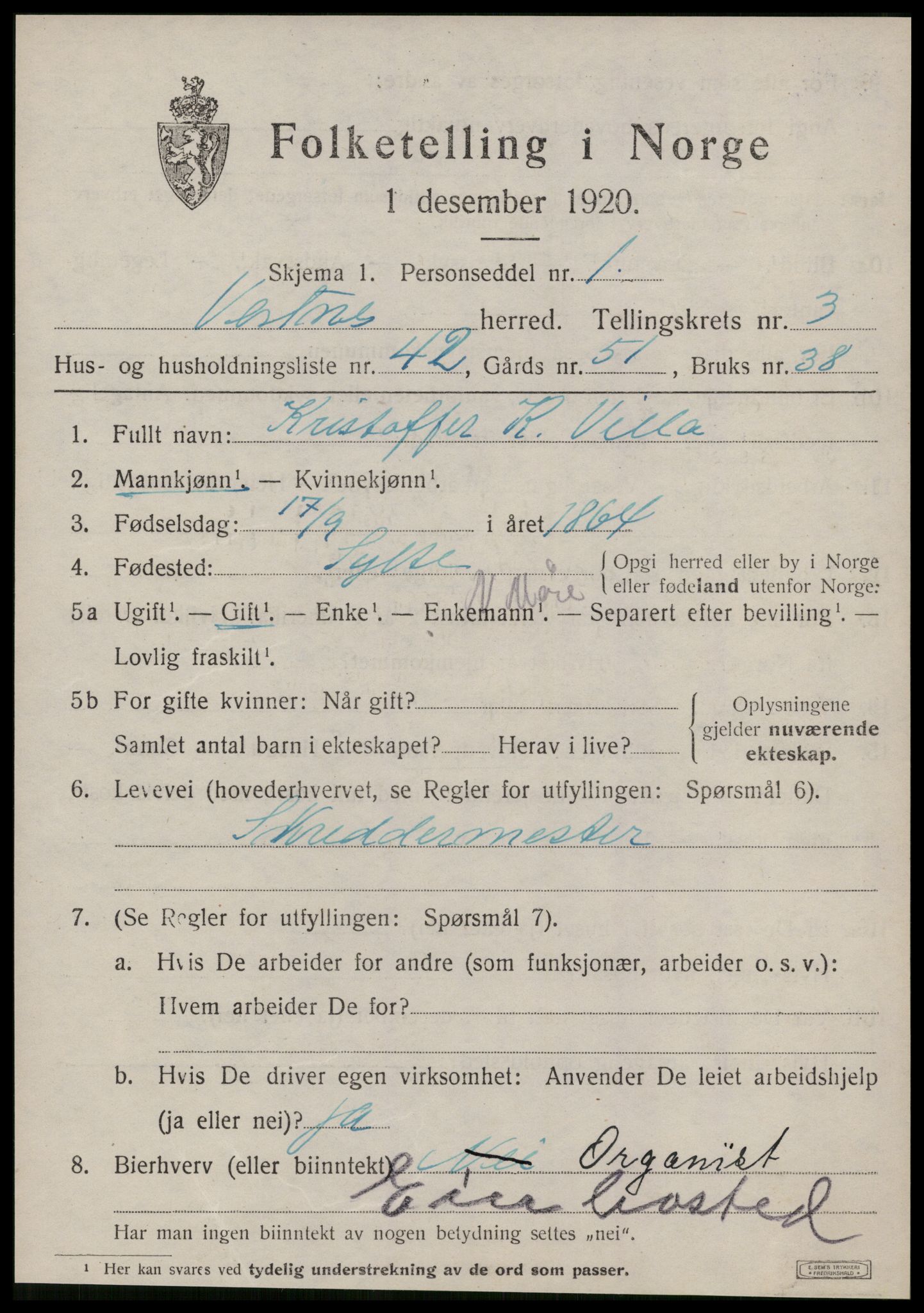 SAT, 1920 census for Vestnes, 1920, p. 3109