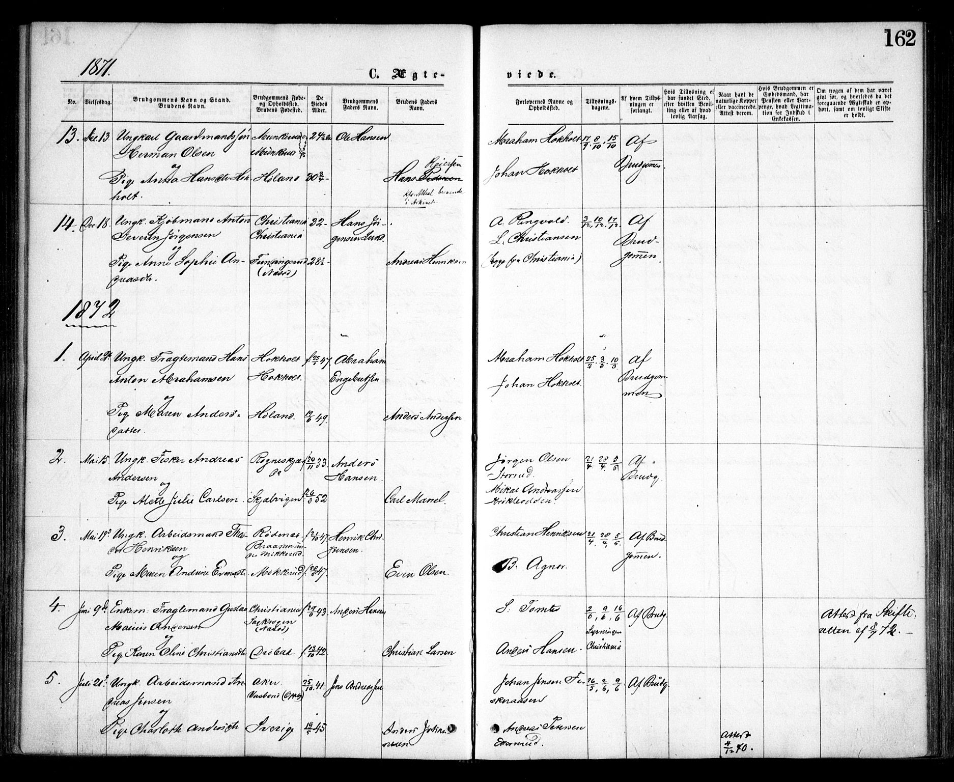 Nesodden prestekontor Kirkebøker, SAO/A-10013/F/Fa/L0008: Parish register (official) no. I 8, 1869-1879, p. 162