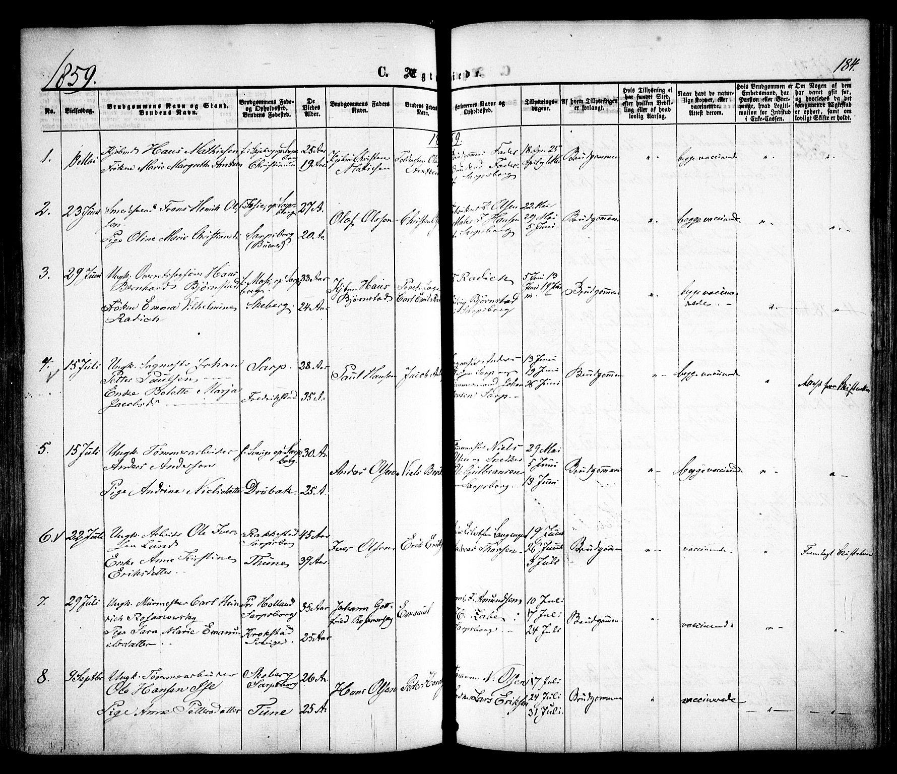 Sarpsborg prestekontor Kirkebøker, SAO/A-2006/F/Fa/L0001: Parish register (official) no. 1, 1859-1868, p. 184