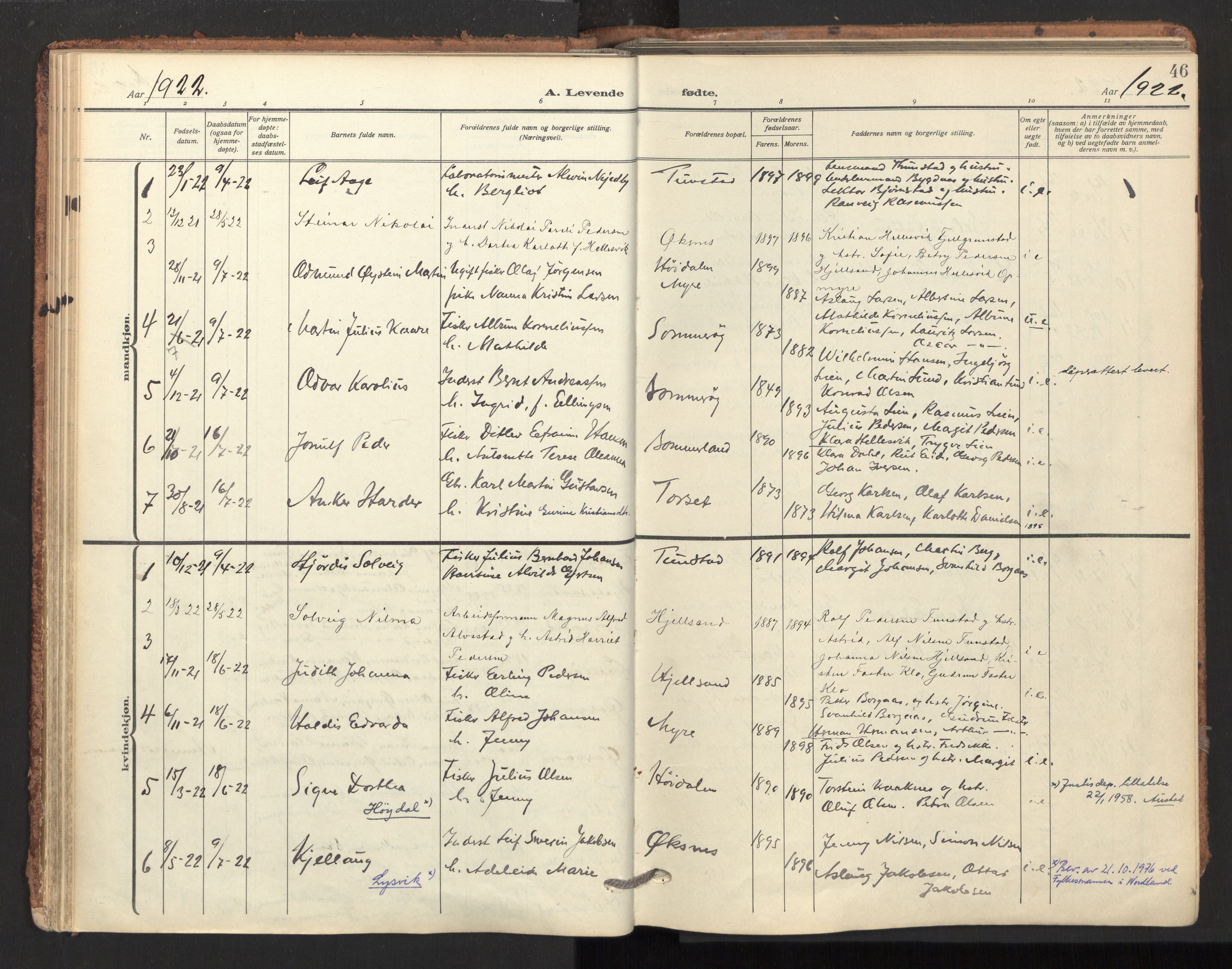 Ministerialprotokoller, klokkerbøker og fødselsregistre - Nordland, SAT/A-1459/893/L1343: Parish register (official) no. 893A15, 1914-1928, p. 46
