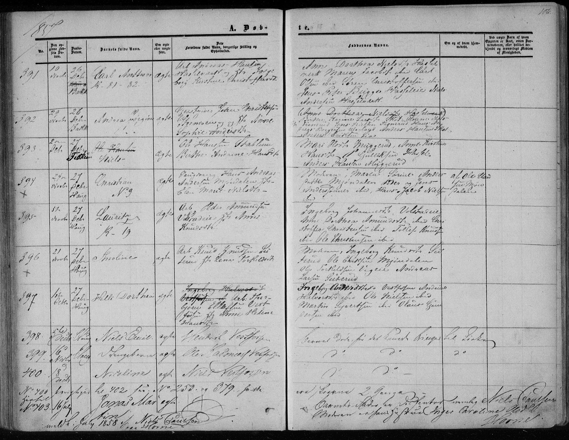 Eiker kirkebøker, SAKO/A-4/F/Fa/L0015a: Parish register (official) no. I 15A, 1854-1860, p. 106