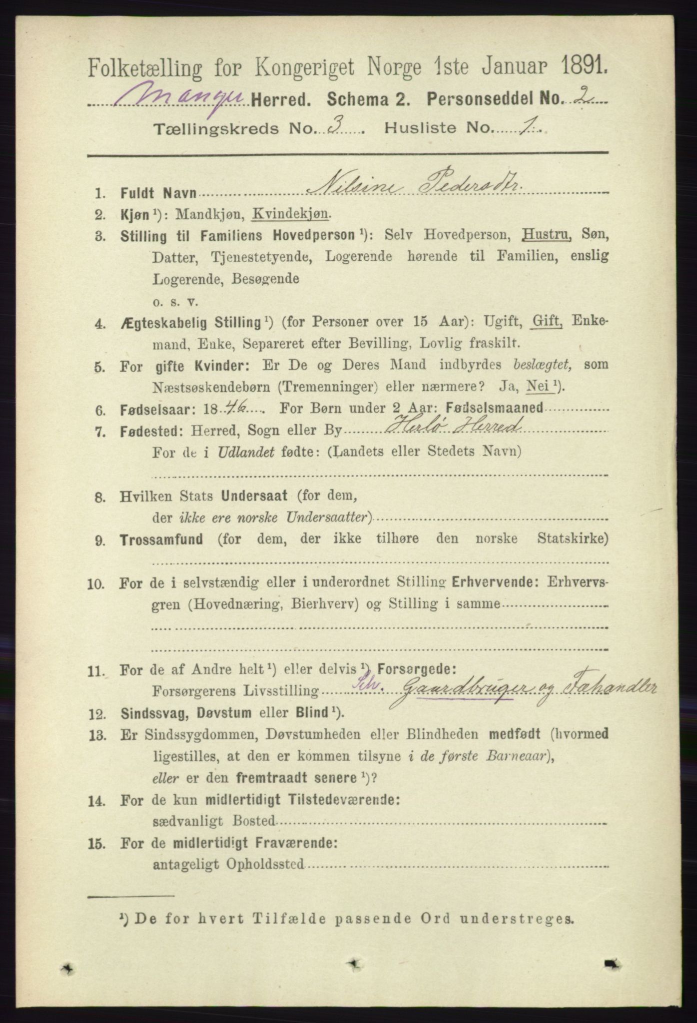 RA, 1891 census for 1261 Manger, 1891, p. 1409