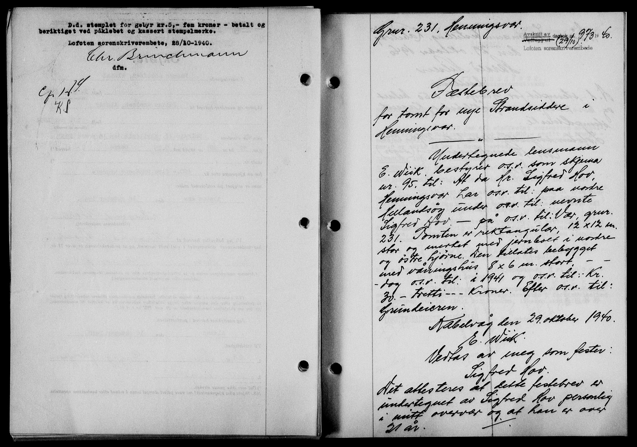 Lofoten sorenskriveri, SAT/A-0017/1/2/2C/L0007a: Mortgage book no. 7a, 1939-1940, Diary no: : 973/1940