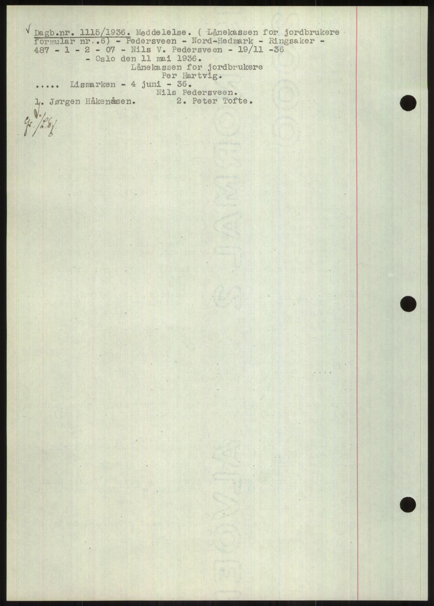 Nord-Hedmark sorenskriveri, SAH/TING-012/H/Hb/Hbf/L0001: Mortgage book no. B1, 1936-1936, Diary no: : 1115/1936