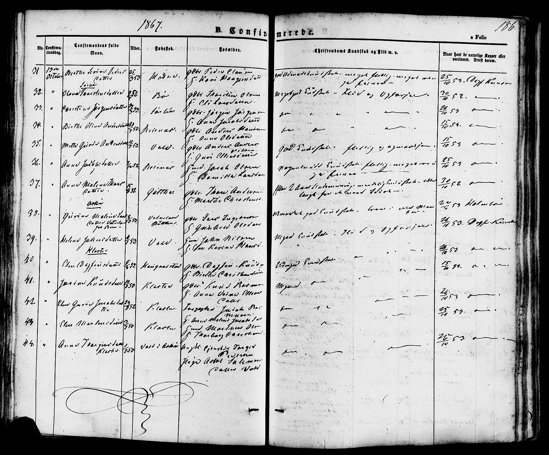 Rennesøy sokneprestkontor, AV/SAST-A -101827/H/Ha/Haa/L0006: Parish register (official) no. A 6, 1860-1878, p. 186