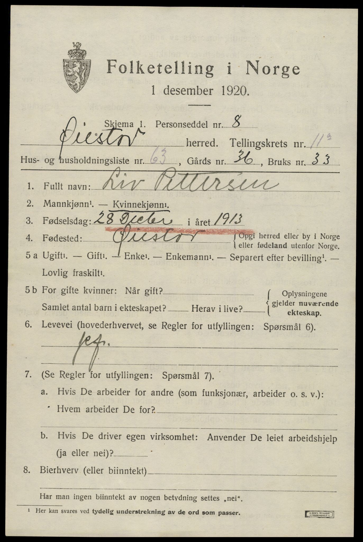 SAK, 1920 census for Øyestad, 1920, p. 7518