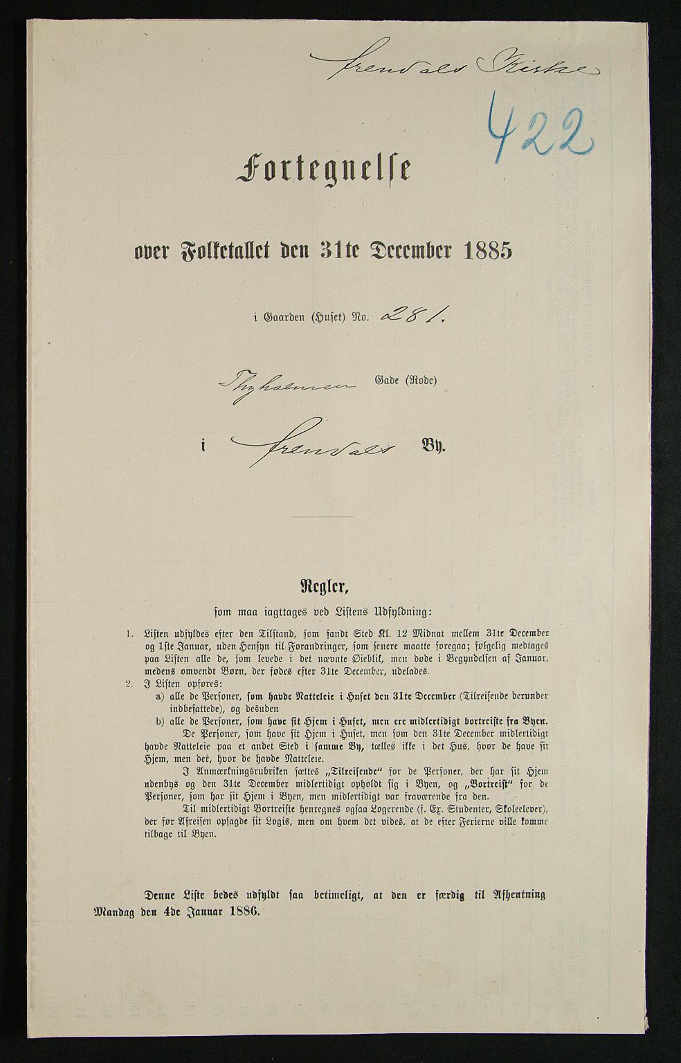 SAK, 1885 census for 0903 Arendal, 1885, p. 422