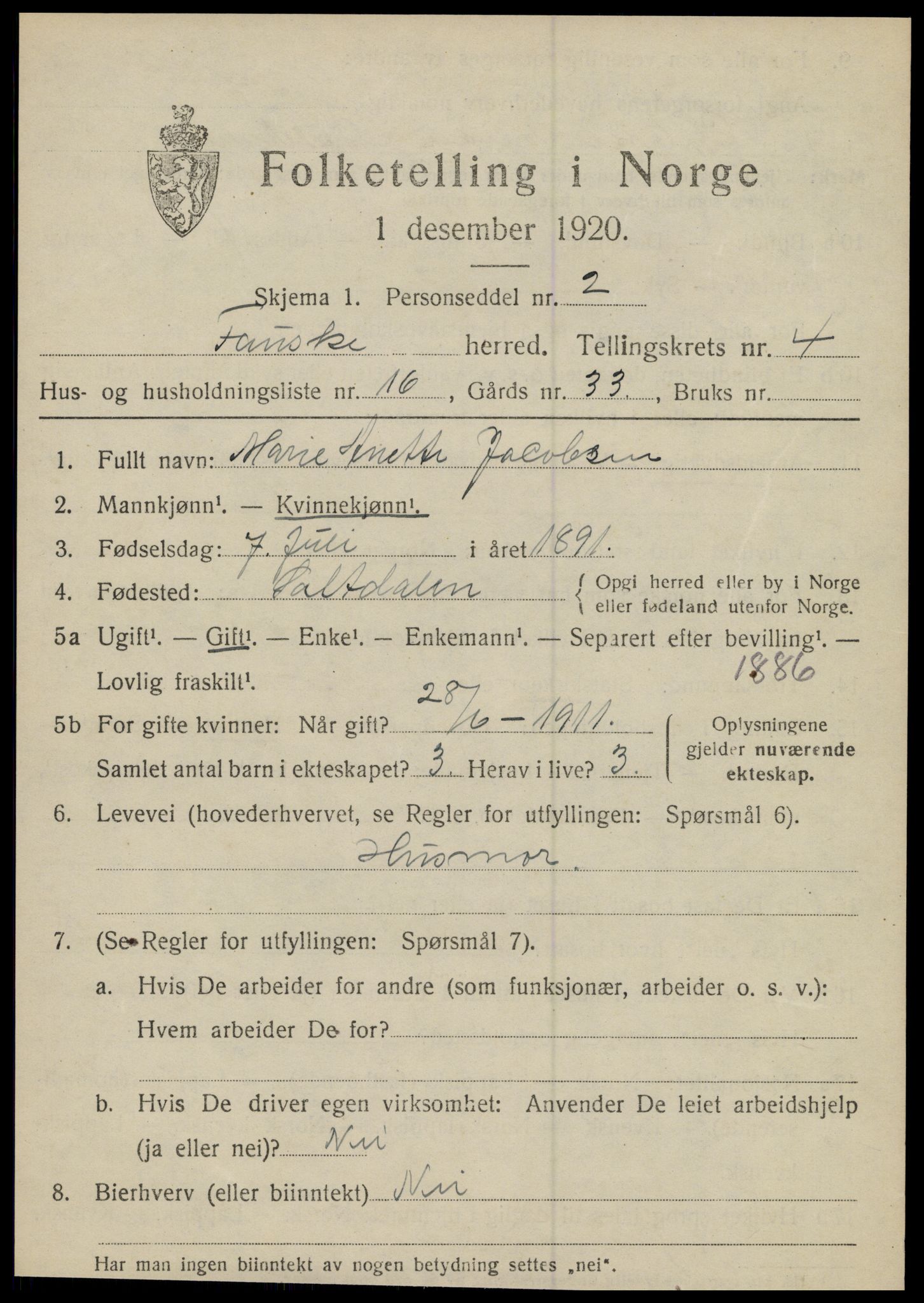 SAT, 1920 census for Fauske, 1920, p. 4678