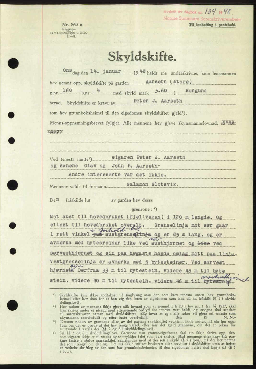 Nordre Sunnmøre sorenskriveri, AV/SAT-A-0006/1/2/2C/2Ca: Mortgage book no. A26, 1947-1948, Diary no: : 134/1948