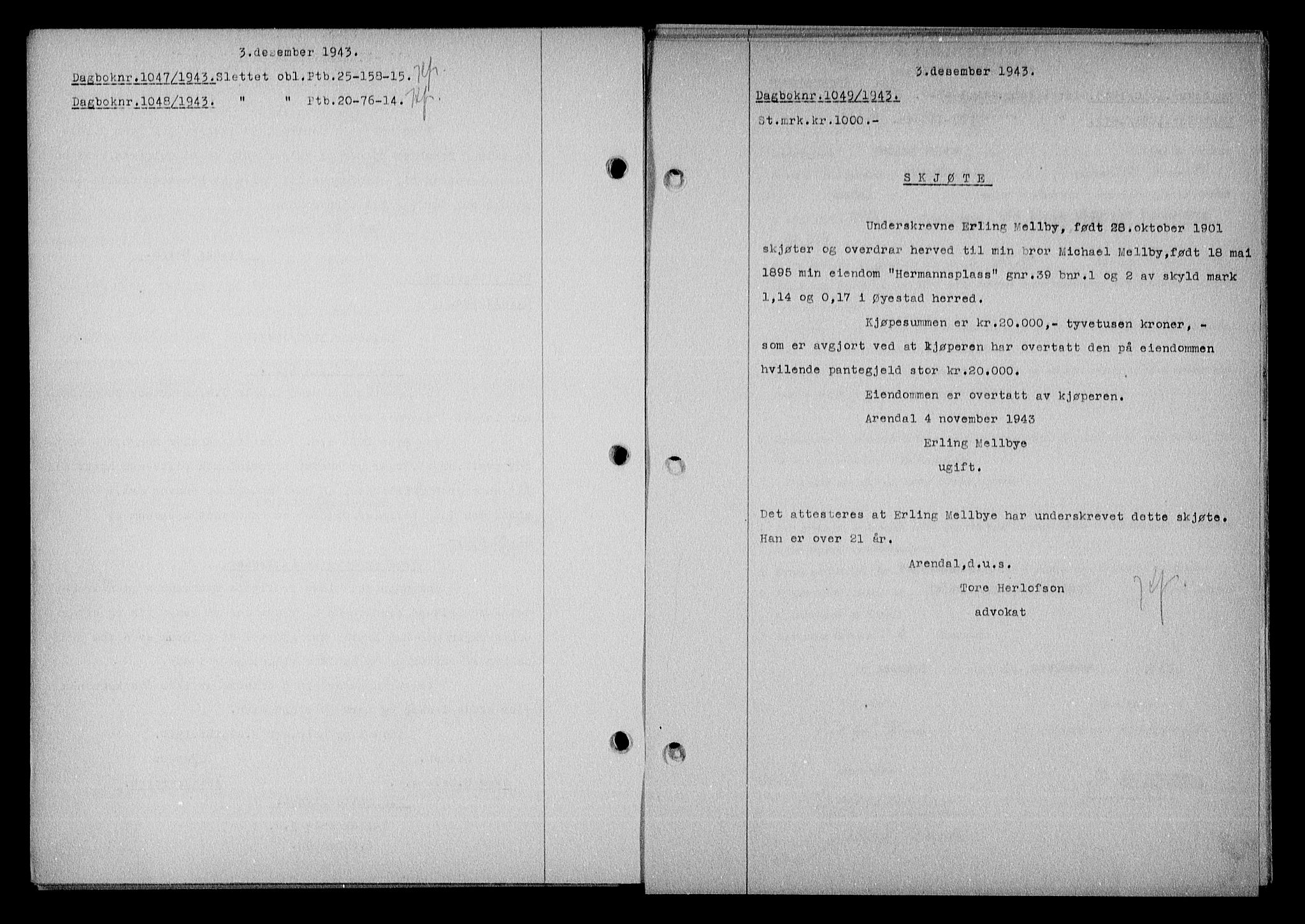 Nedenes sorenskriveri, SAK/1221-0006/G/Gb/Gba/L0051: Mortgage book no. A-V, 1943-1944, Diary no: : 1049/1943