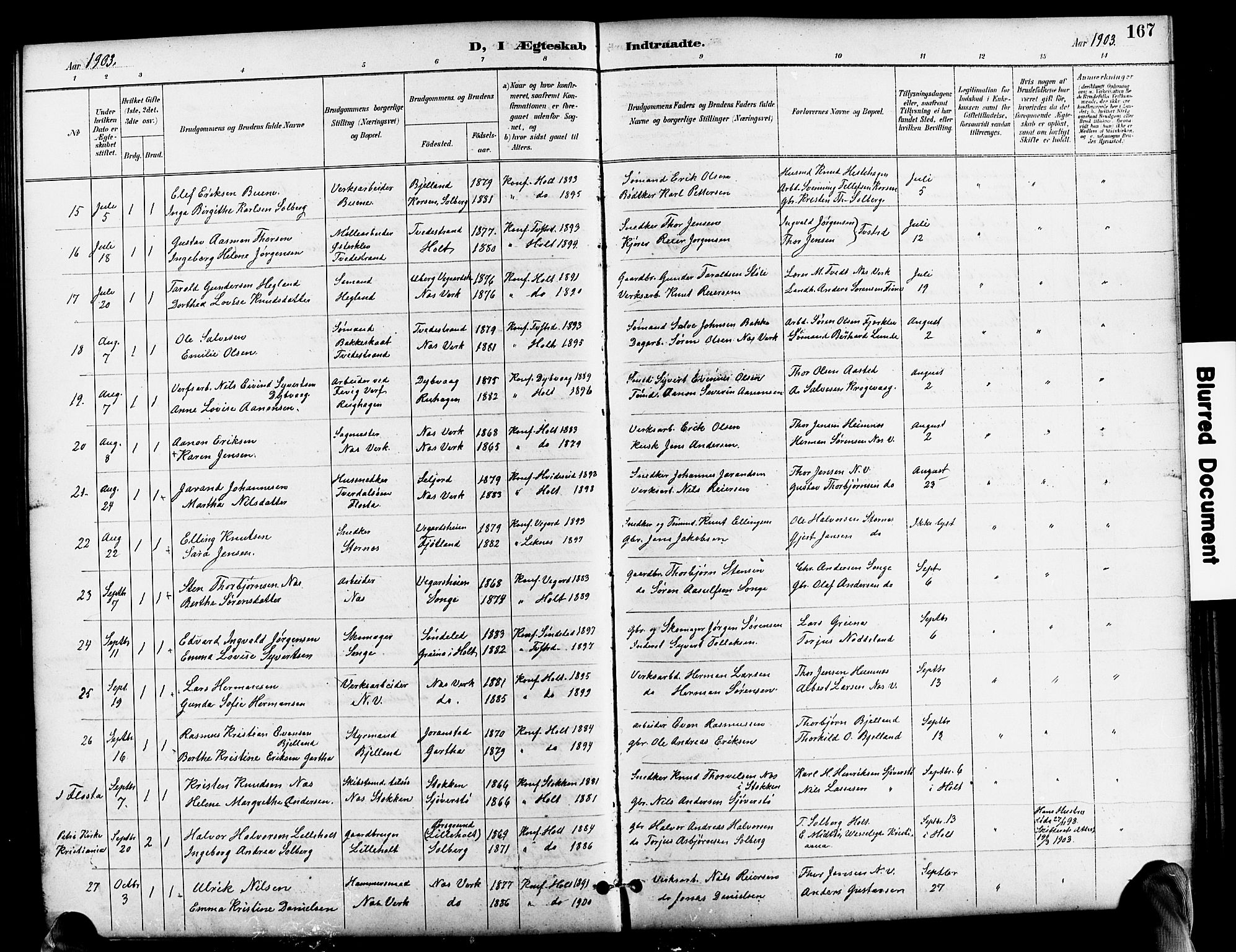 Holt sokneprestkontor, AV/SAK-1111-0021/F/Fb/L0011: Parish register (copy) no. B 11, 1897-1921, p. 167