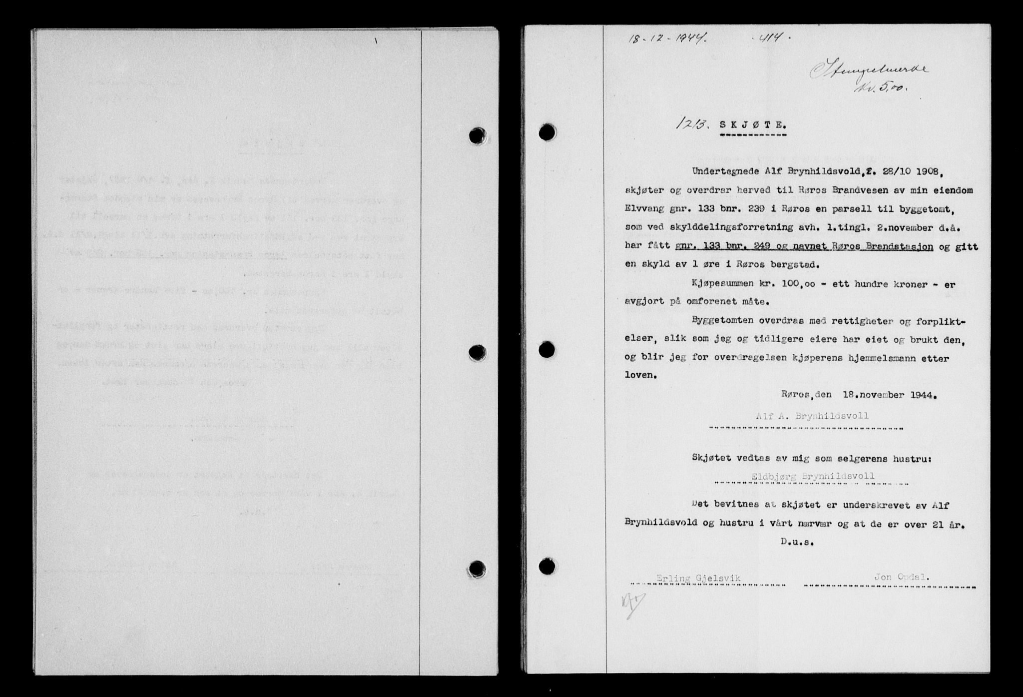 Gauldal sorenskriveri, SAT/A-0014/1/2/2C/L0058: Mortgage book no. 63, 1944-1945, Diary no: : 1213/1944