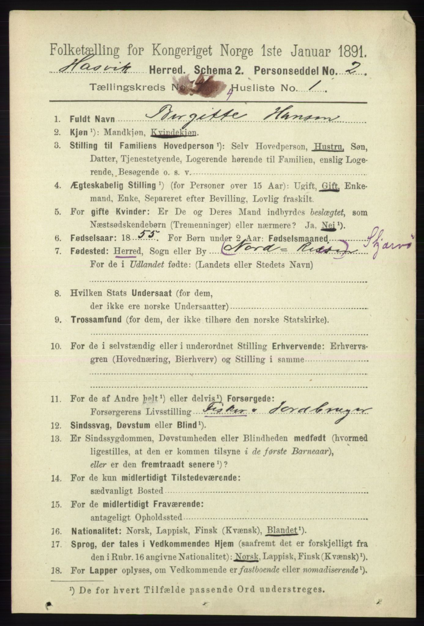 RA, 1891 census for 2015 Hasvik, 1891, p. 490