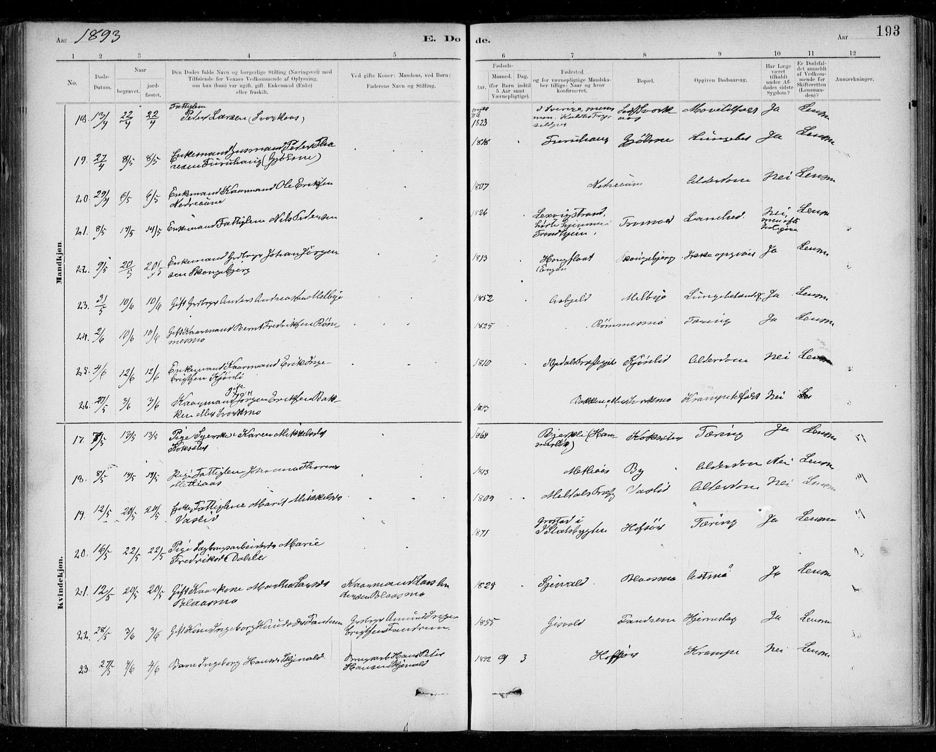 Ministerialprotokoller, klokkerbøker og fødselsregistre - Sør-Trøndelag, AV/SAT-A-1456/668/L0810: Parish register (official) no. 668A10, 1881-1894, p. 193