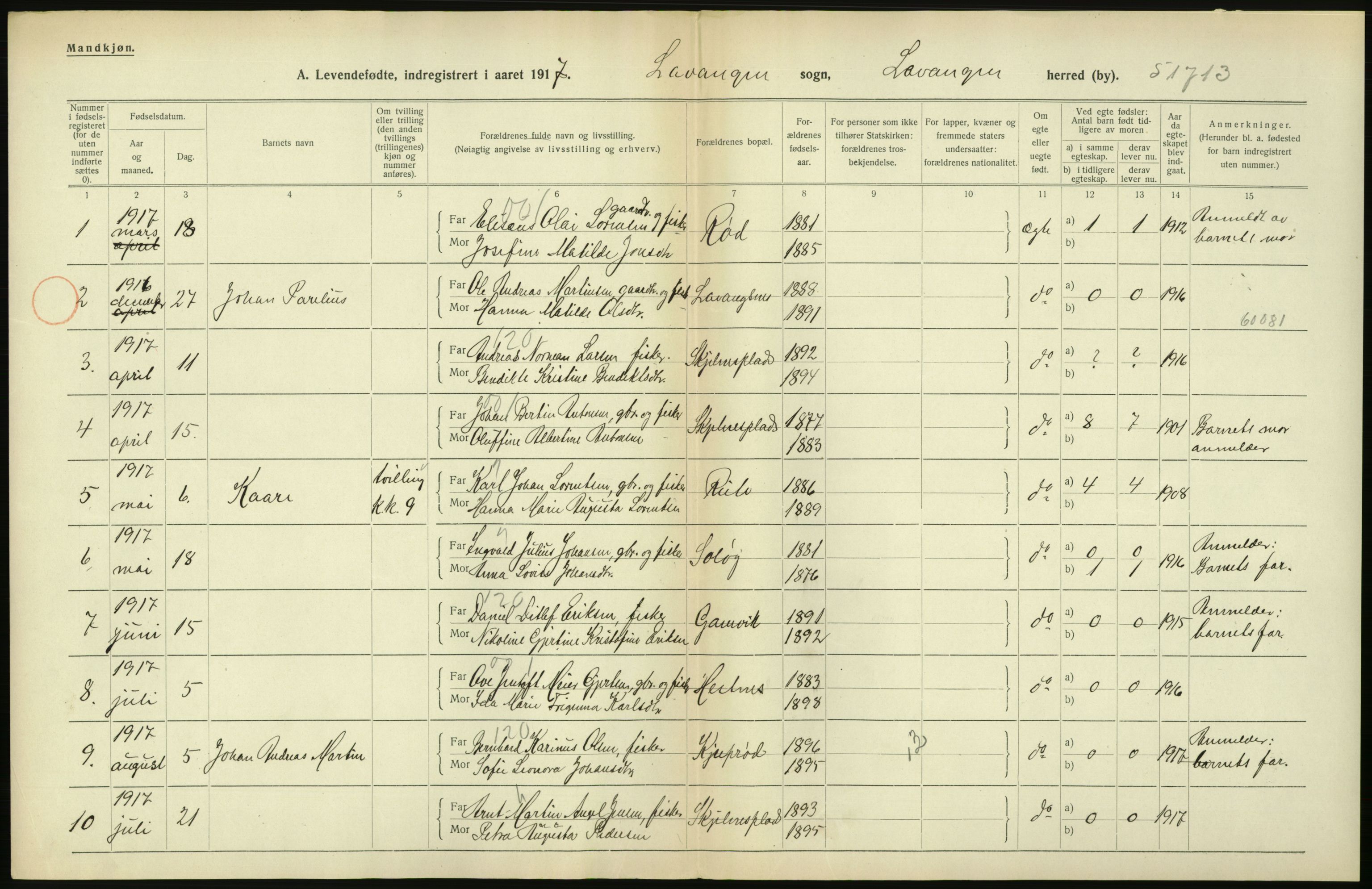 Statistisk sentralbyrå, Sosiodemografiske emner, Befolkning, AV/RA-S-2228/D/Df/Dfb/Dfbg/L0053: Tromsø amt: Levendefødte menn og kvinner. Bygder og byer., 1917, p. 518