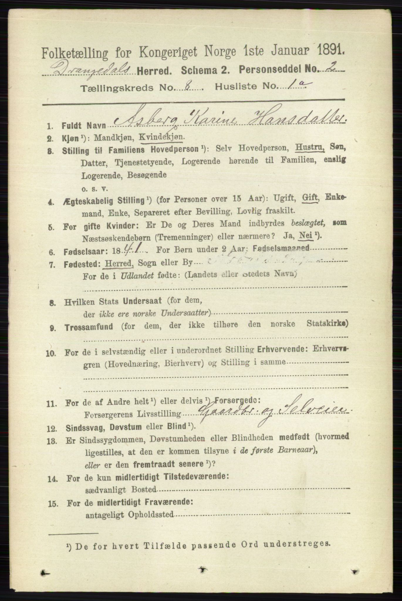 RA, 1891 census for 0817 Drangedal, 1891, p. 2645