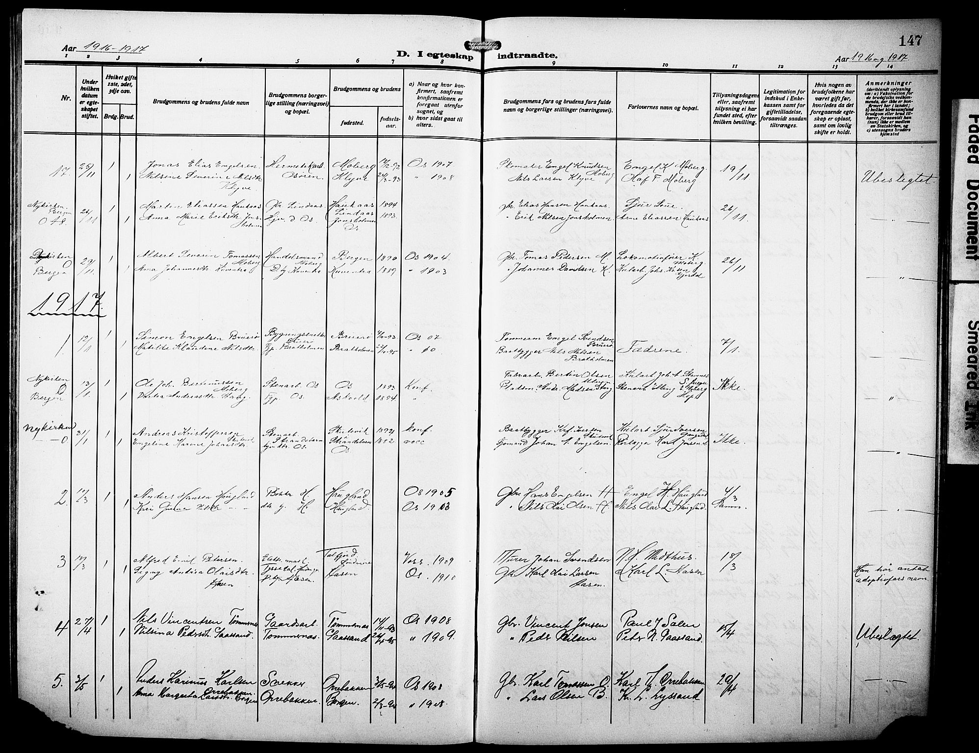 Os sokneprestembete, AV/SAB-A-99929: Parish register (copy) no. A 4, 1914-1923, p. 147