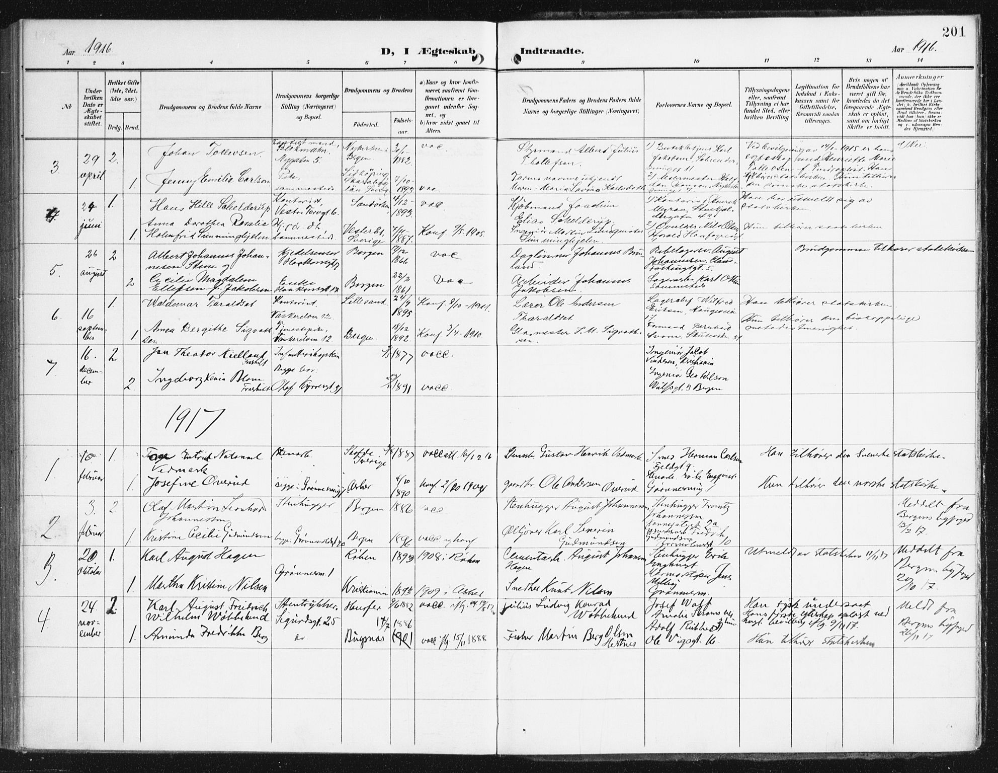 Domkirken sokneprestembete, SAB/A-74801/H/Haa/L0038: Parish register (official) no. D 5, 1906-1921, p. 201