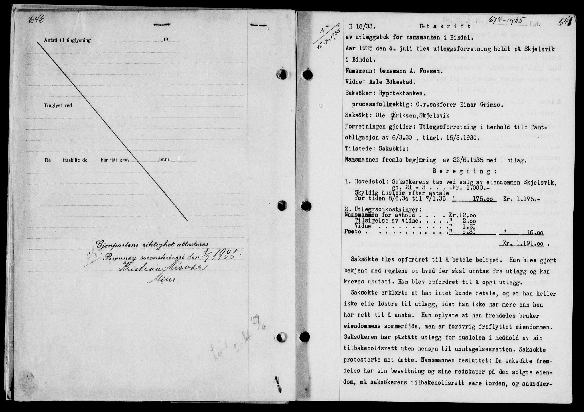 Brønnøy sorenskriveri, SAT/A-4170/1/2/2C/L0012: Mortgage book no. 12, 1934-1935, p. 646-647, Deed date: 15.07.1935