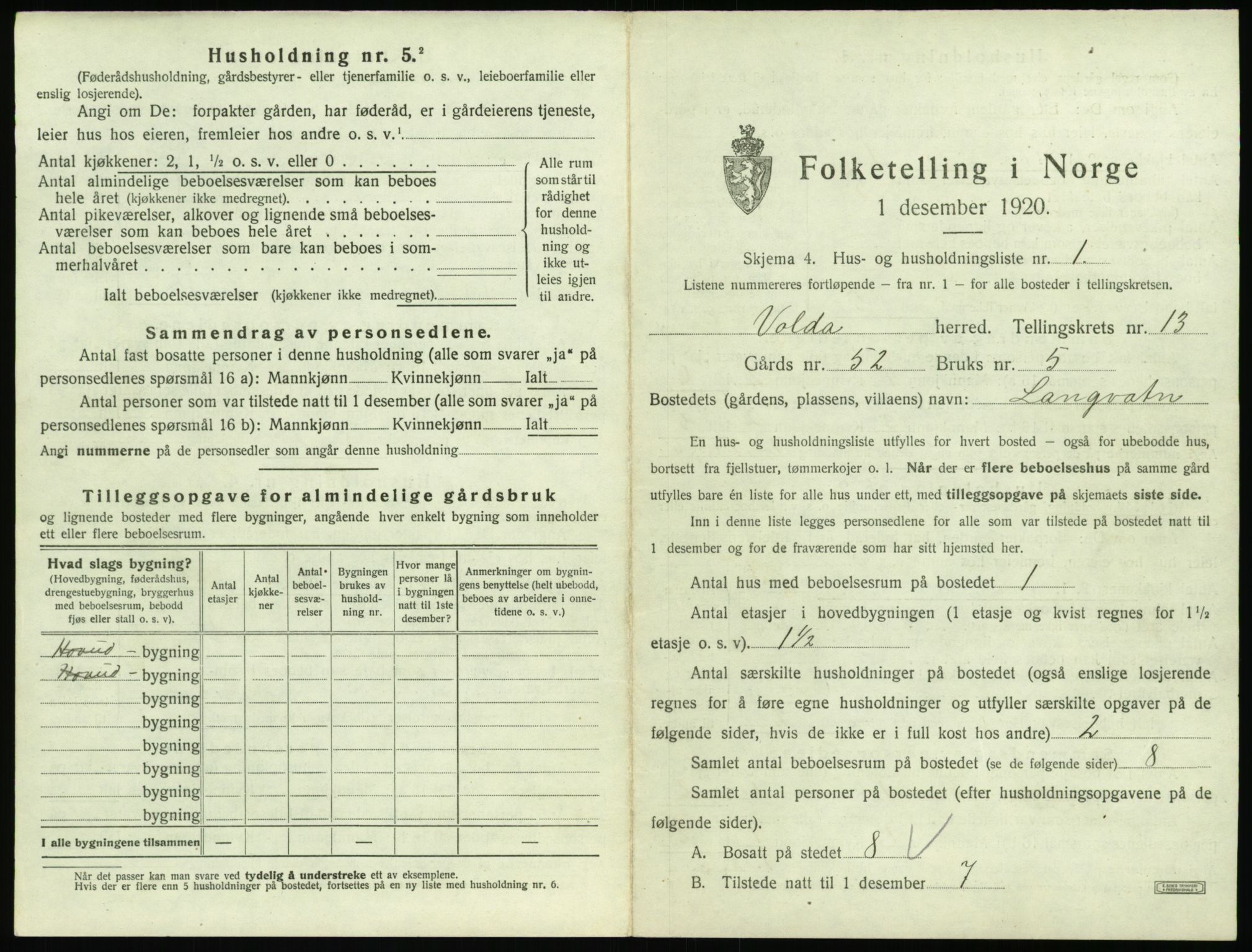 SAT, 1920 census for Volda, 1920, p. 1048