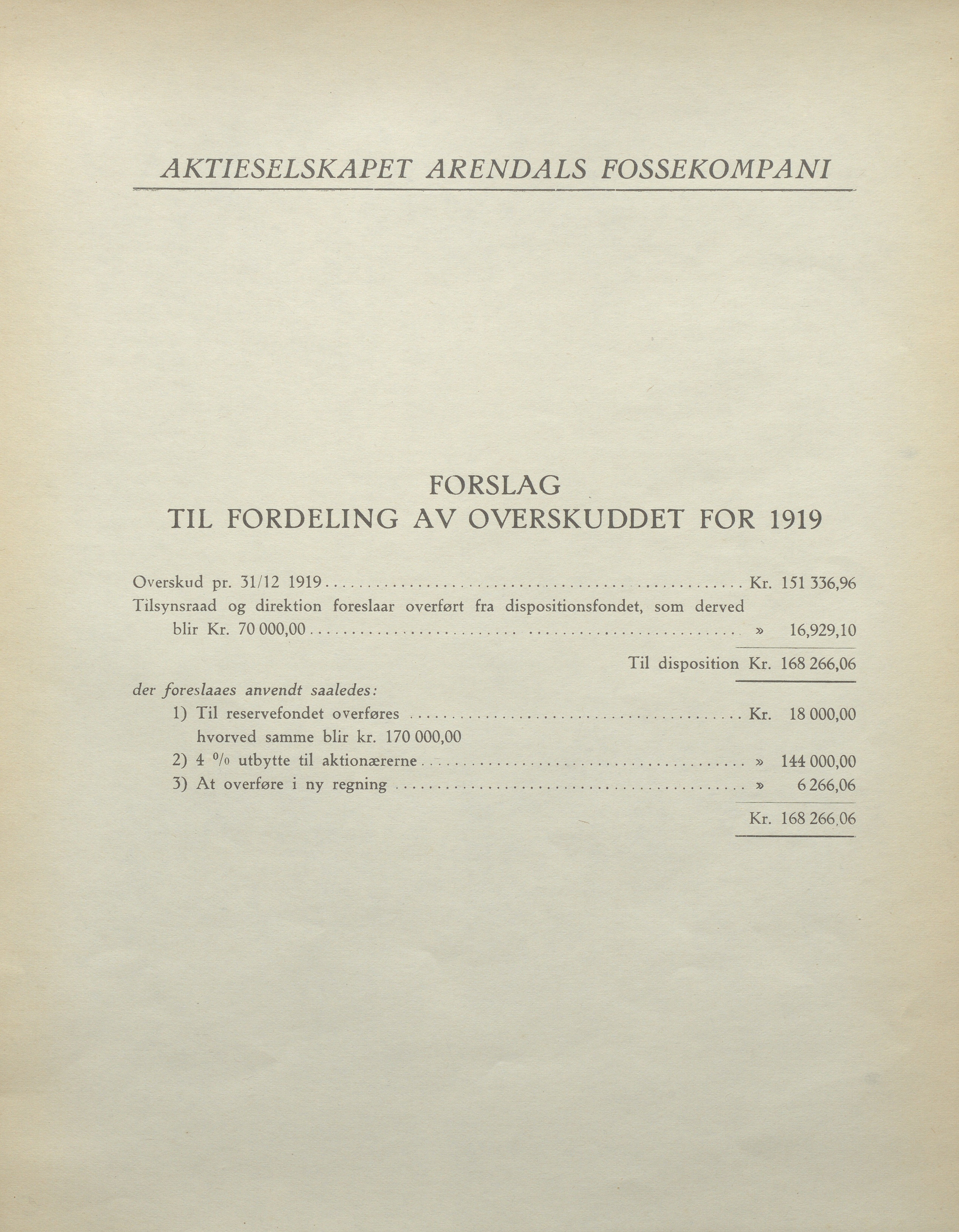 Arendals Fossekompani, AAKS/PA-2413/X/X01/L0001/0008: Beretninger, regnskap, balansekonto, gevinst- og tapskonto / Årsberetning og regnskap 1919 - 1927, 1919-1927, p. 3