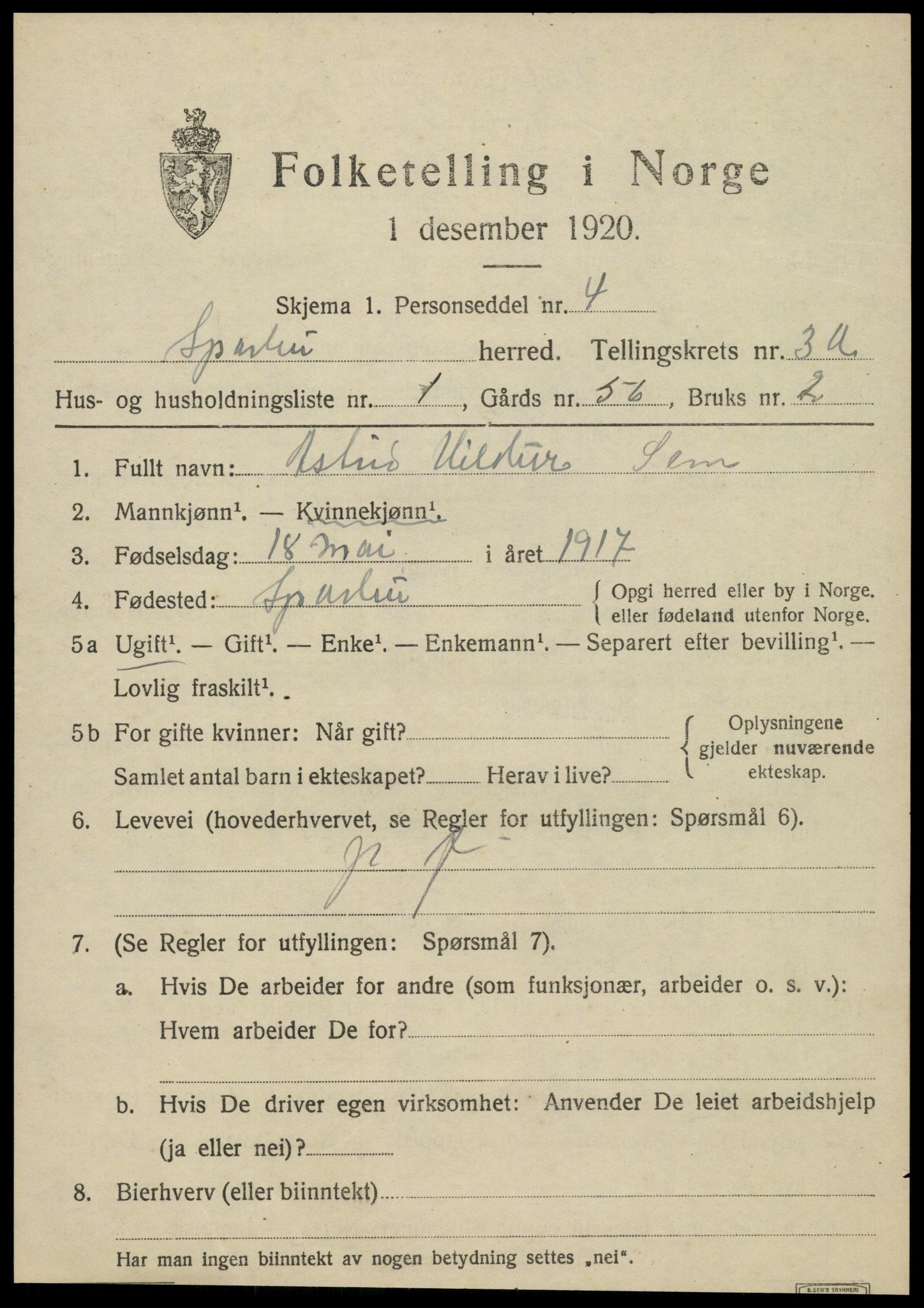 SAT, 1920 census for Sparbu, 1920, p. 4179