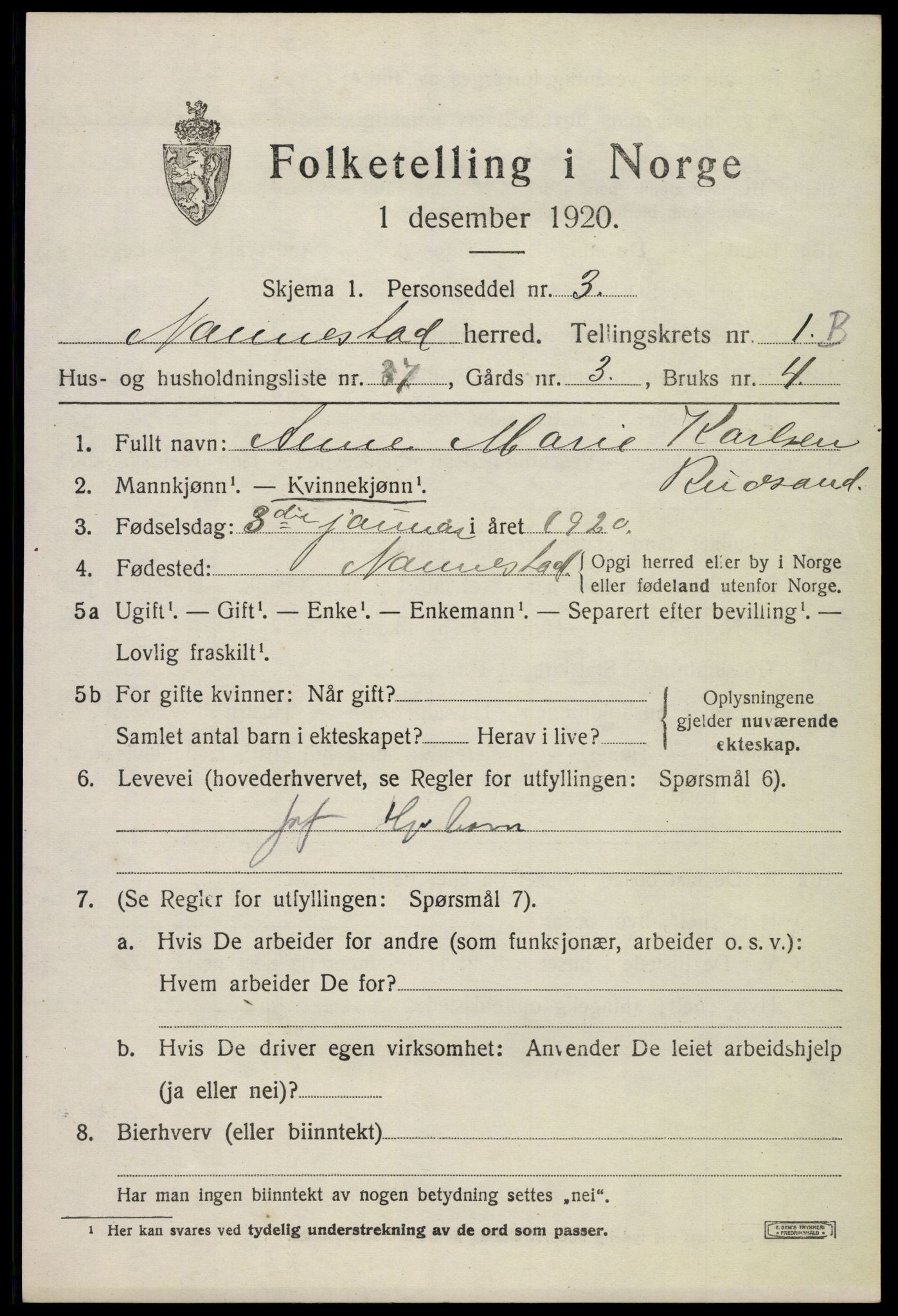 SAO, 1920 census for Nannestad, 1920, p. 2285