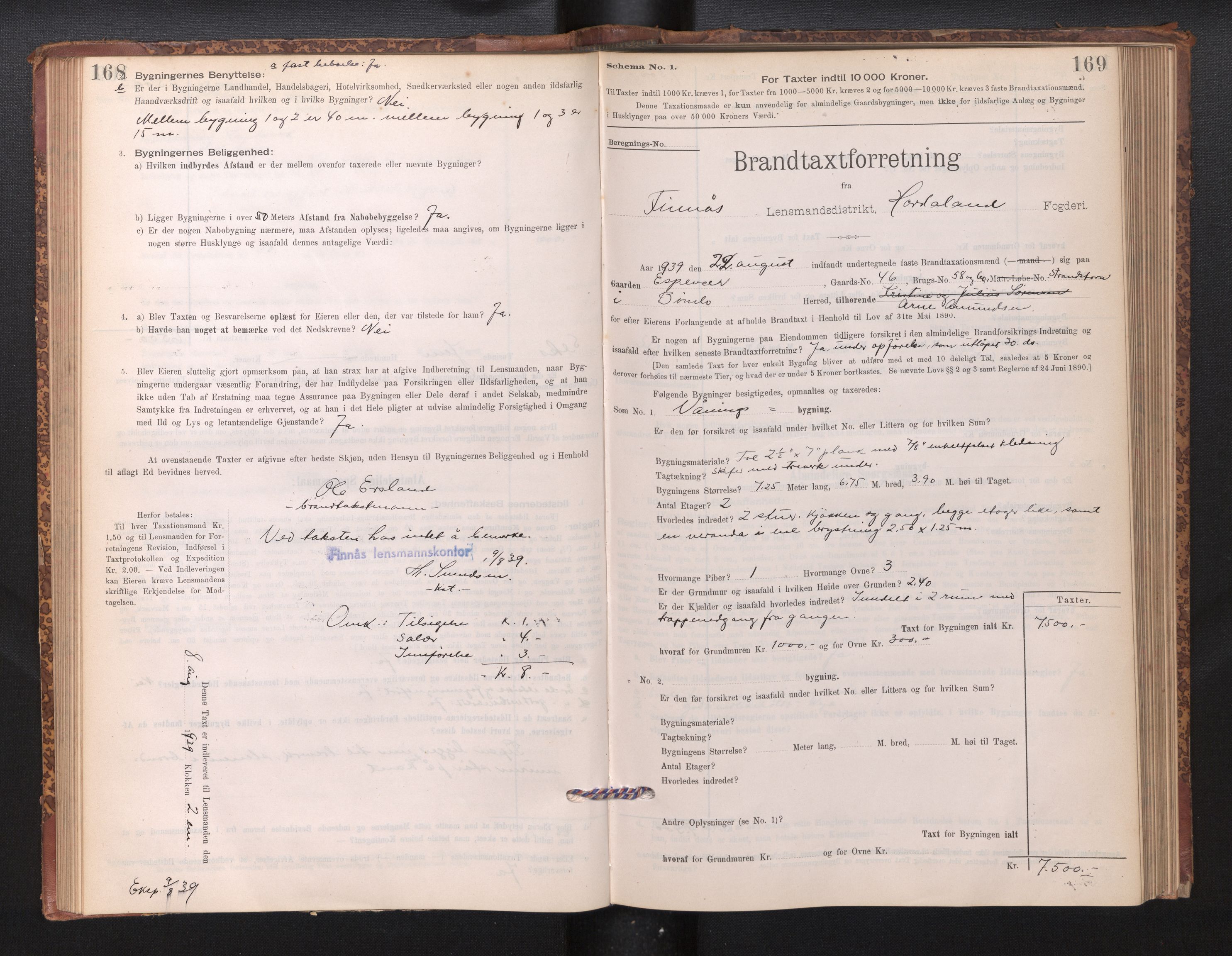 Lensmannen i Finnås, AV/SAB-A-31901/0012/L0002: Branntakstprotokoll, skjematakst, 1894-1954, p. 168-169