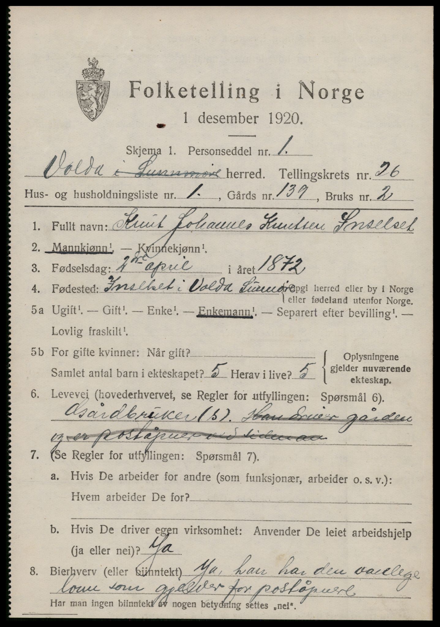 SAT, 1920 census for Volda, 1920, p. 12388