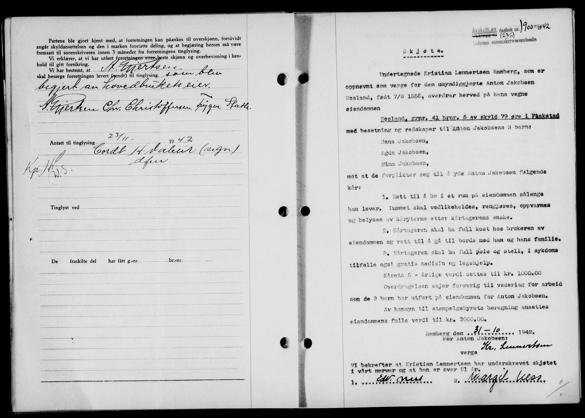 Lofoten sorenskriveri, SAT/A-0017/1/2/2C/L0010a: Mortgage book no. 10a, 1942-1943, Diary no: : 1900/1942