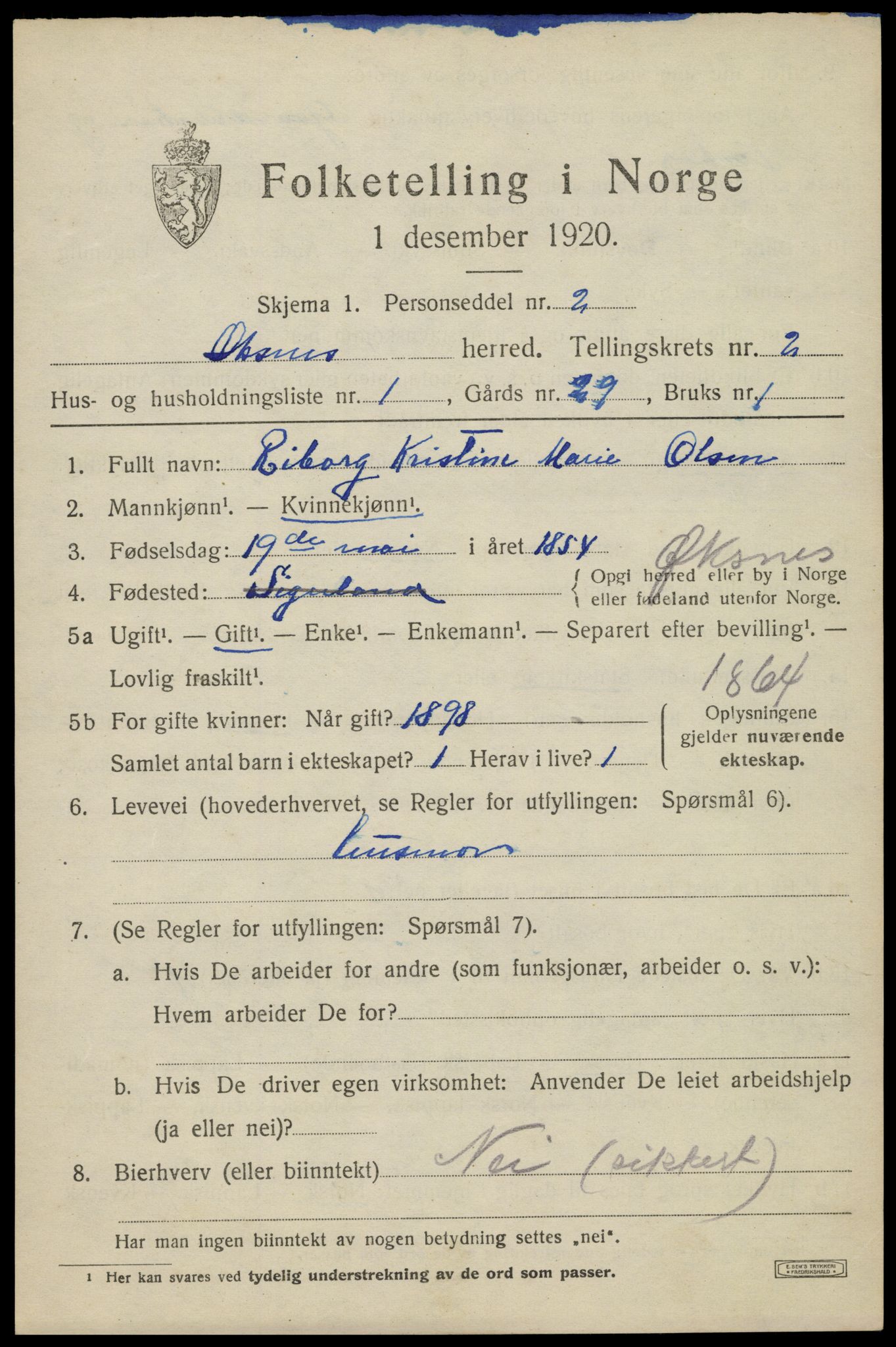 SAT, 1920 census for Øksnes, 1920, p. 1636