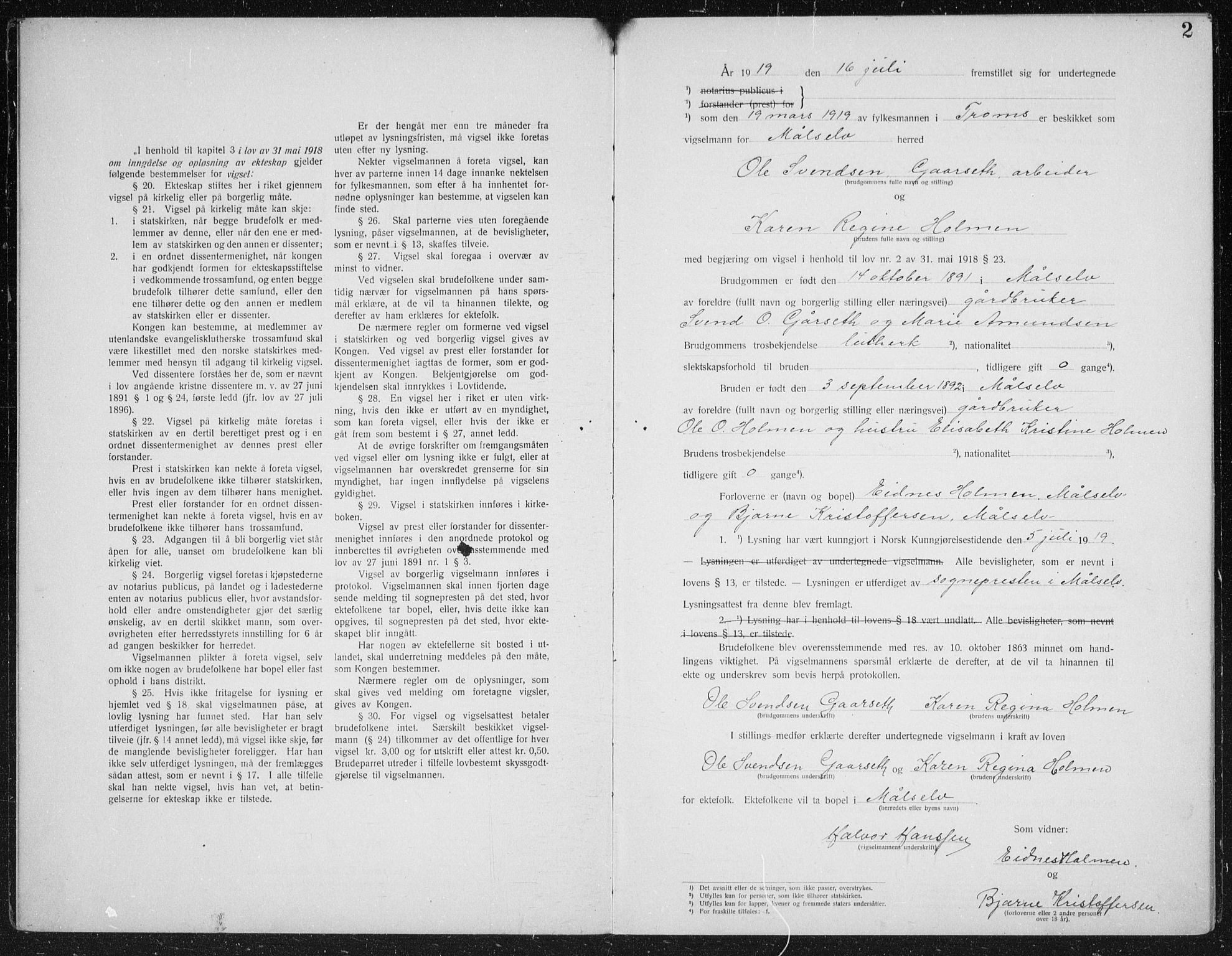 Målselv sokneprestembete, AV/SATØ-S-1311/I/Ie/L0046: Marriage register (dissenter) no. 46, 1919-1942, p. 2