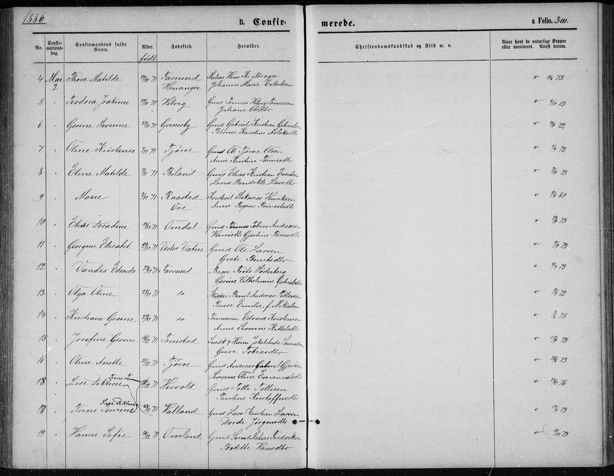 Lista sokneprestkontor, SAK/1111-0027/F/Fb/L0004: Parish register (copy) no. B 4, 1877-1891, p. 301