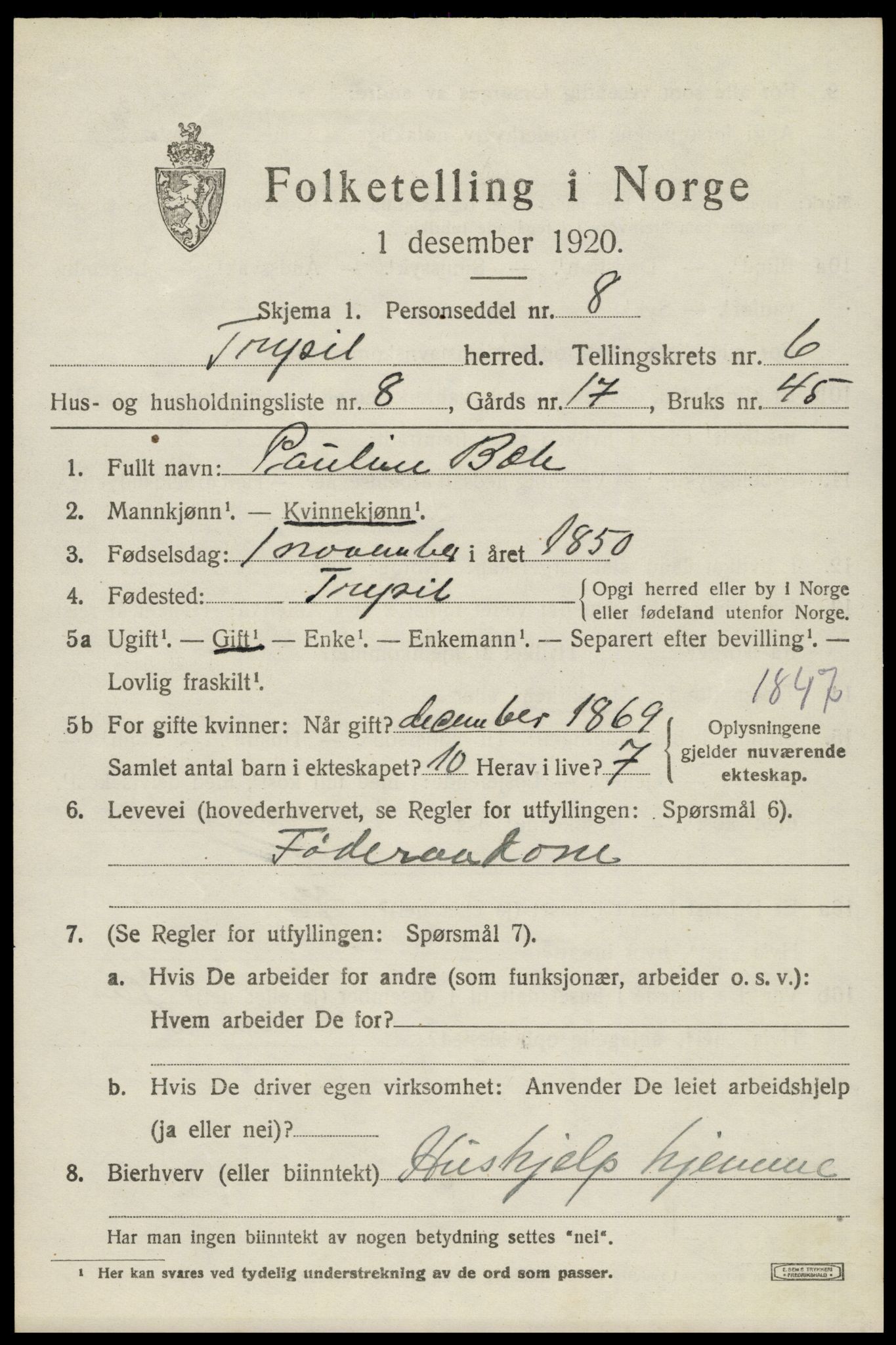 SAH, 1920 census for Trysil, 1920, p. 4629