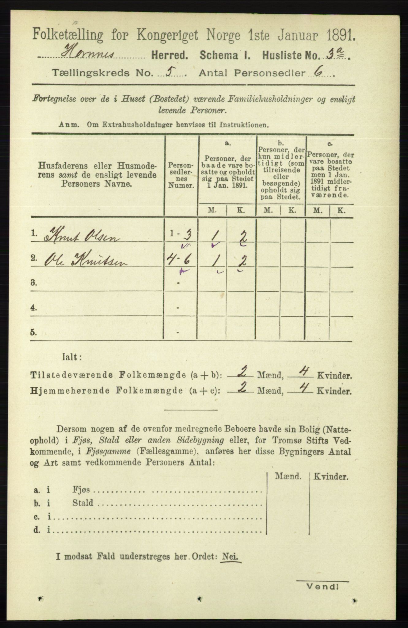 RA, 1891 census for 0936 Hornnes, 1891, p. 1325