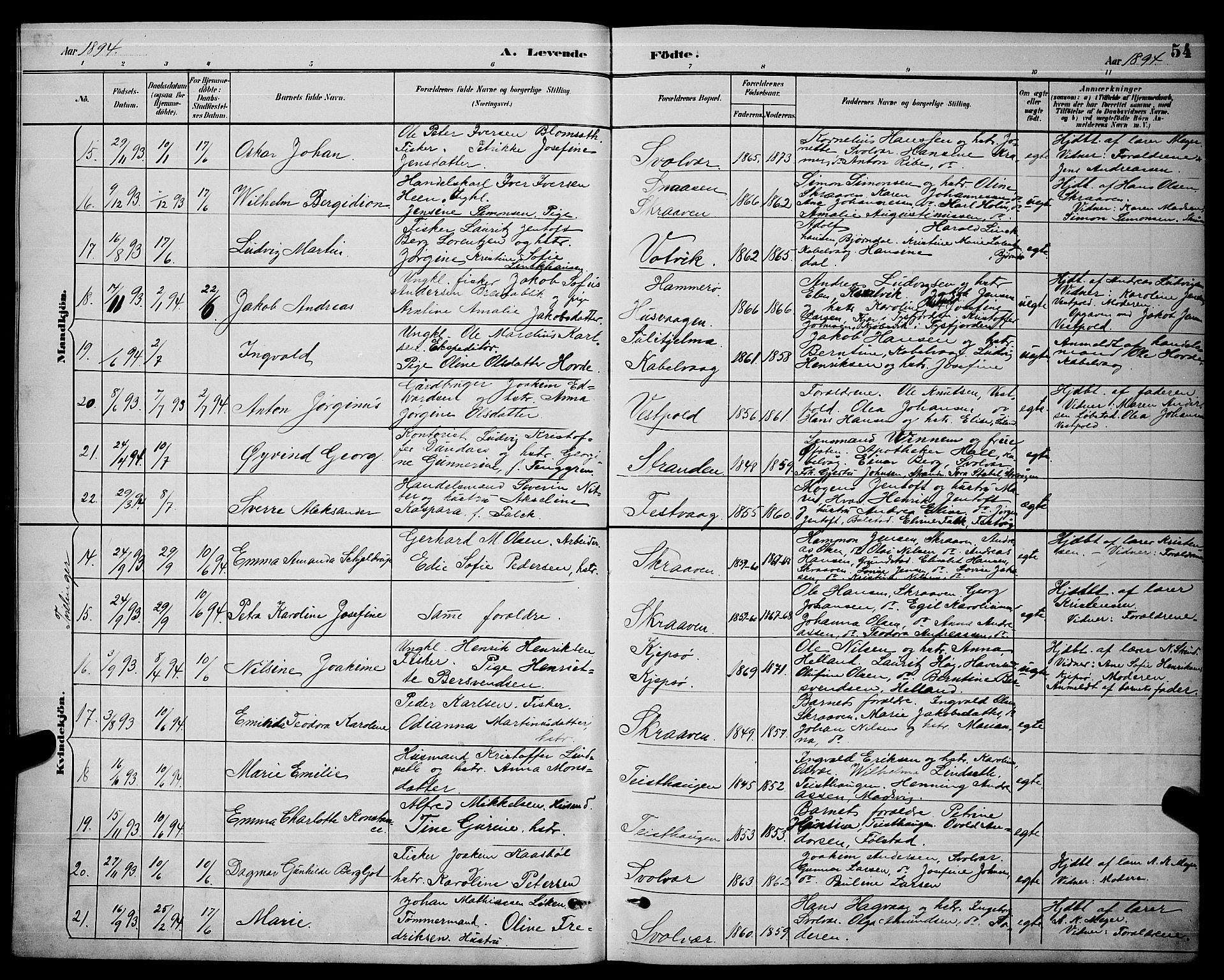Ministerialprotokoller, klokkerbøker og fødselsregistre - Nordland, SAT/A-1459/874/L1077: Parish register (copy) no. 874C06, 1891-1900, p. 54