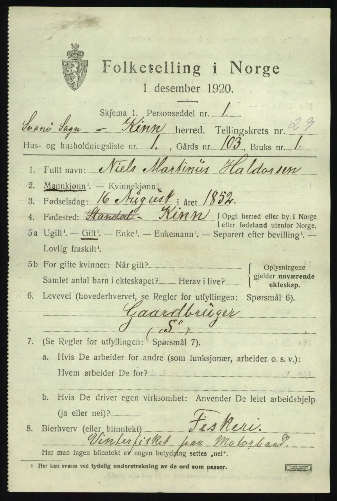 SAB, 1920 census for Kinn, 1920, p. 9849