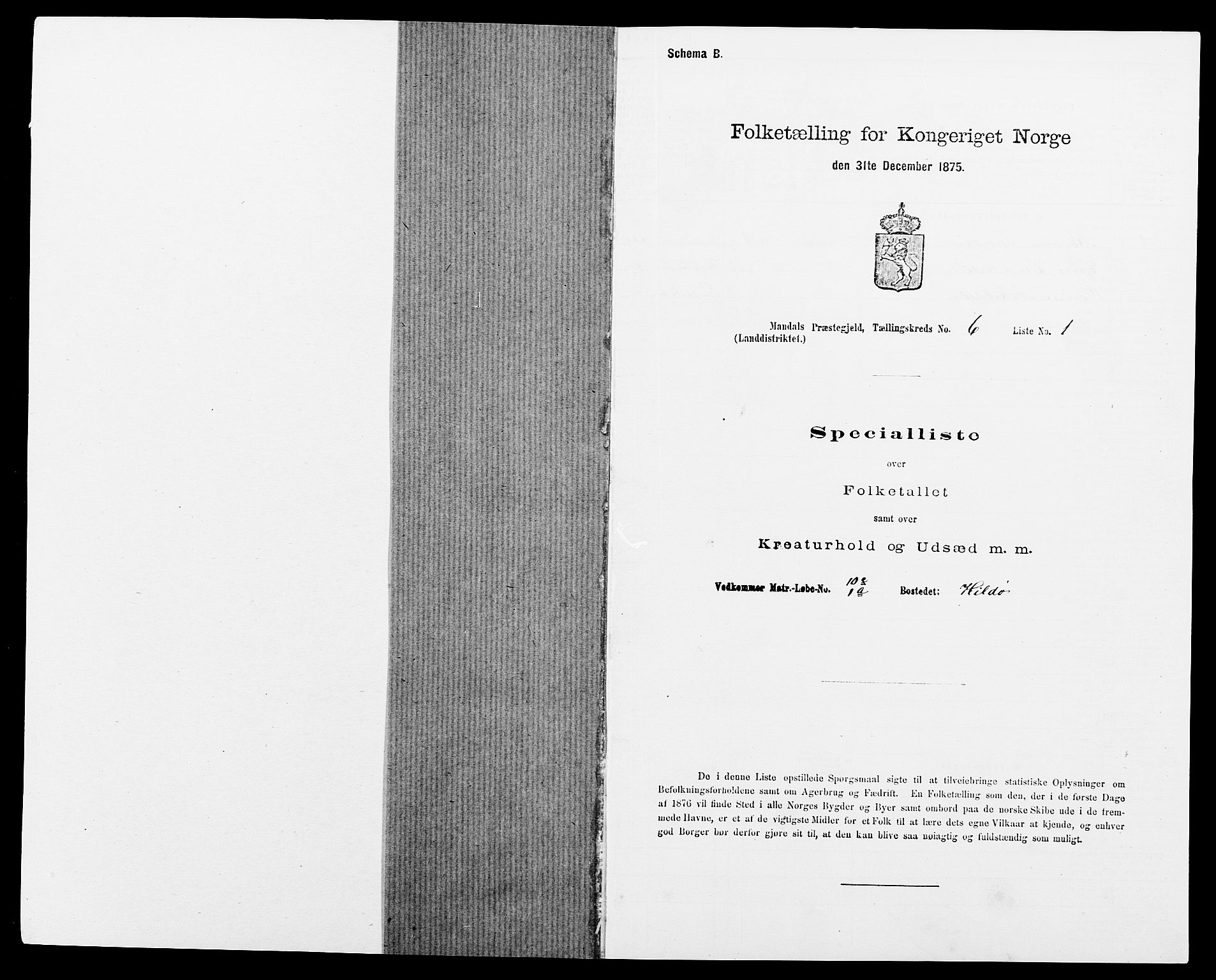 SAK, 1875 census for 1019L Mandal/Halse og Harkmark, 1875, p. 847