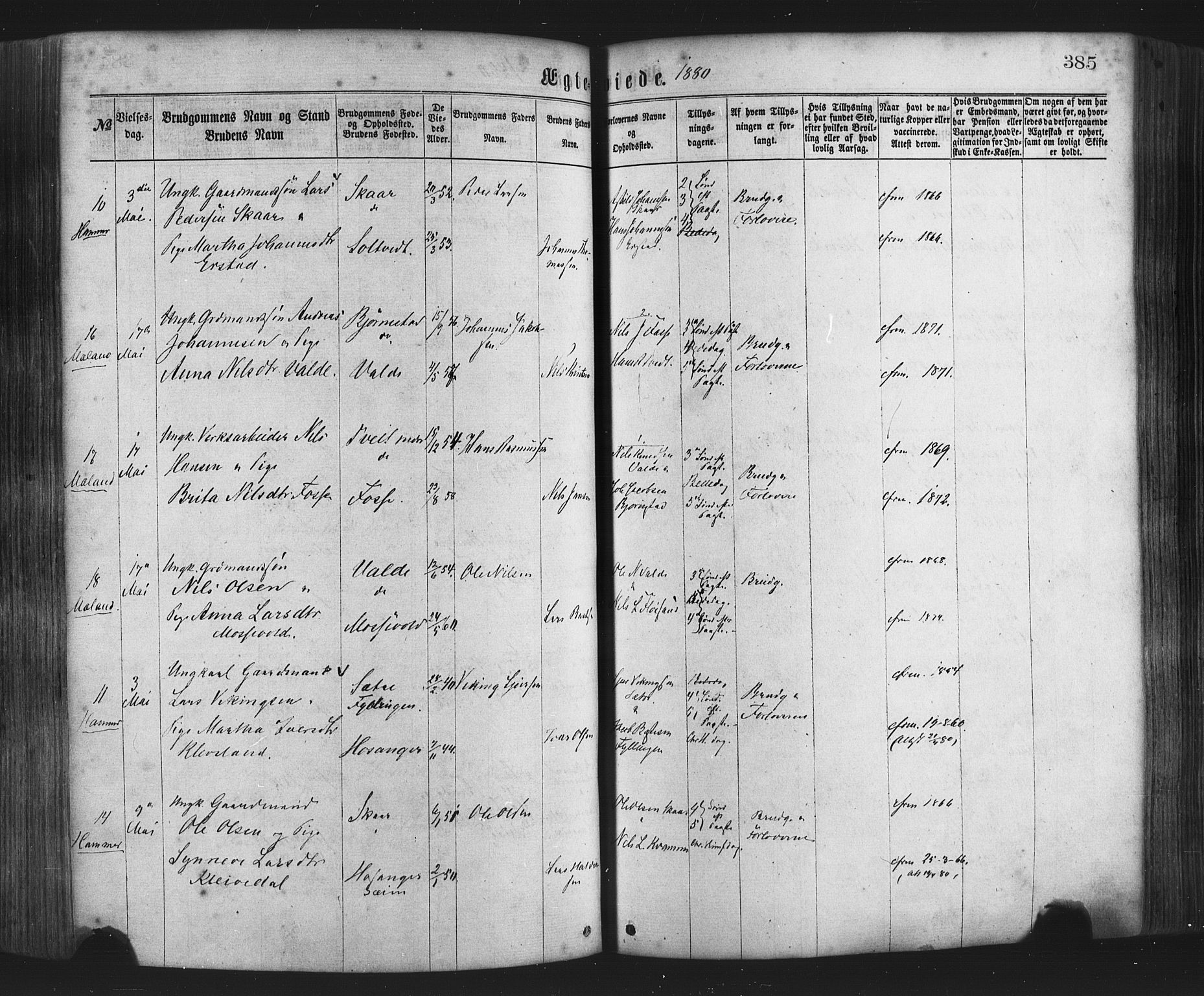 Hamre sokneprestembete, AV/SAB-A-75501/H/Ha/Haa/Haaa/L0015: Parish register (official) no. A 15, 1870-1881, p. 385