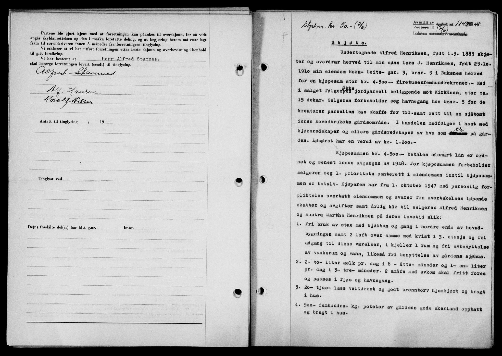 Lofoten sorenskriveri, SAT/A-0017/1/2/2C/L0018a: Mortgage book no. 18a, 1948-1948, Diary no: : 1142/1948