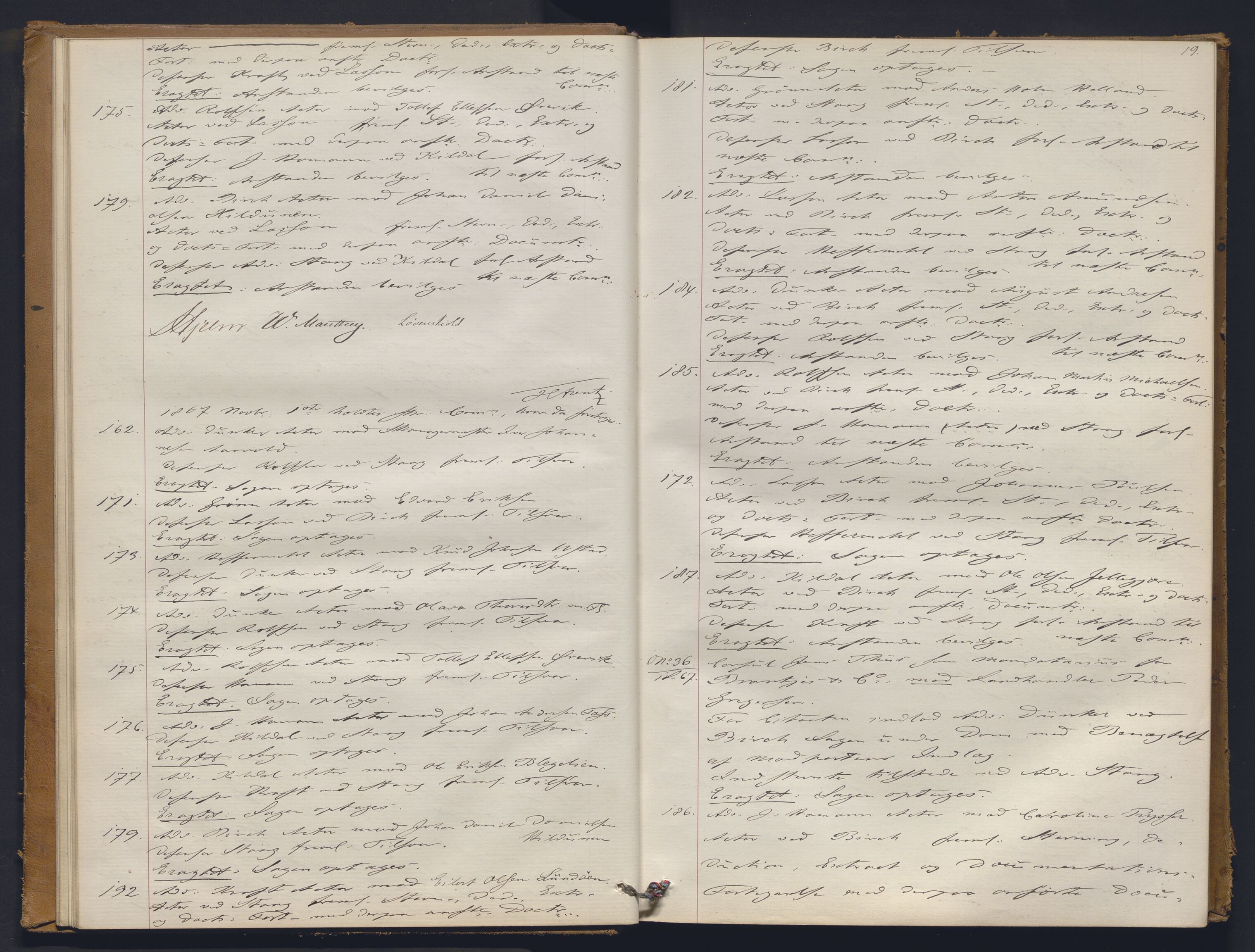 Høyesterett, AV/RA-S-1002/E/Ef/L0012: Protokoll over saker som gikk til skriftlig behandling, 1867-1873, p. 18b-19a