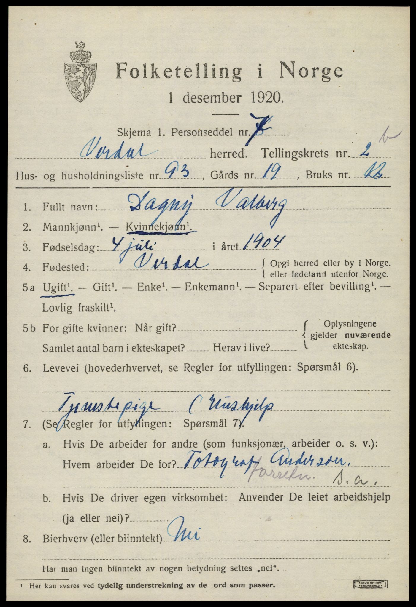 SAT, 1920 census for Verdal, 1920, p. 5227