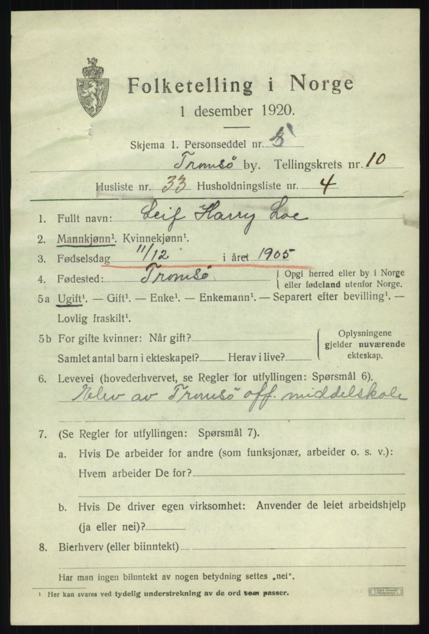 SATØ, 1920 census for Tromsø, 1920, p. 20868