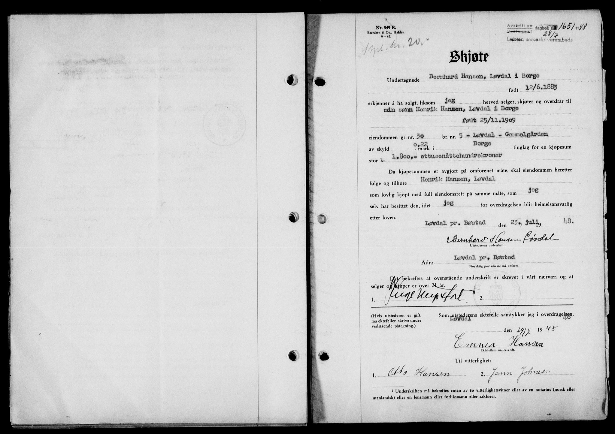 Lofoten sorenskriveri, SAT/A-0017/1/2/2C/L0018a: Mortgage book no. 18a, 1948-1948, Diary no: : 1651/1948