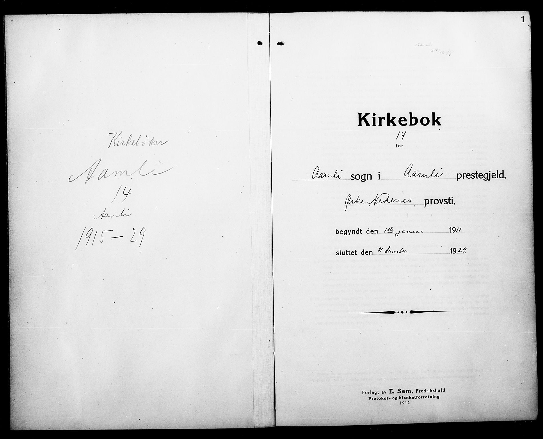 Åmli sokneprestkontor, SAK/1111-0050/F/Fb/Fbc/L0006: Parish register (copy) no. B 6, 1915-1929, p. 1