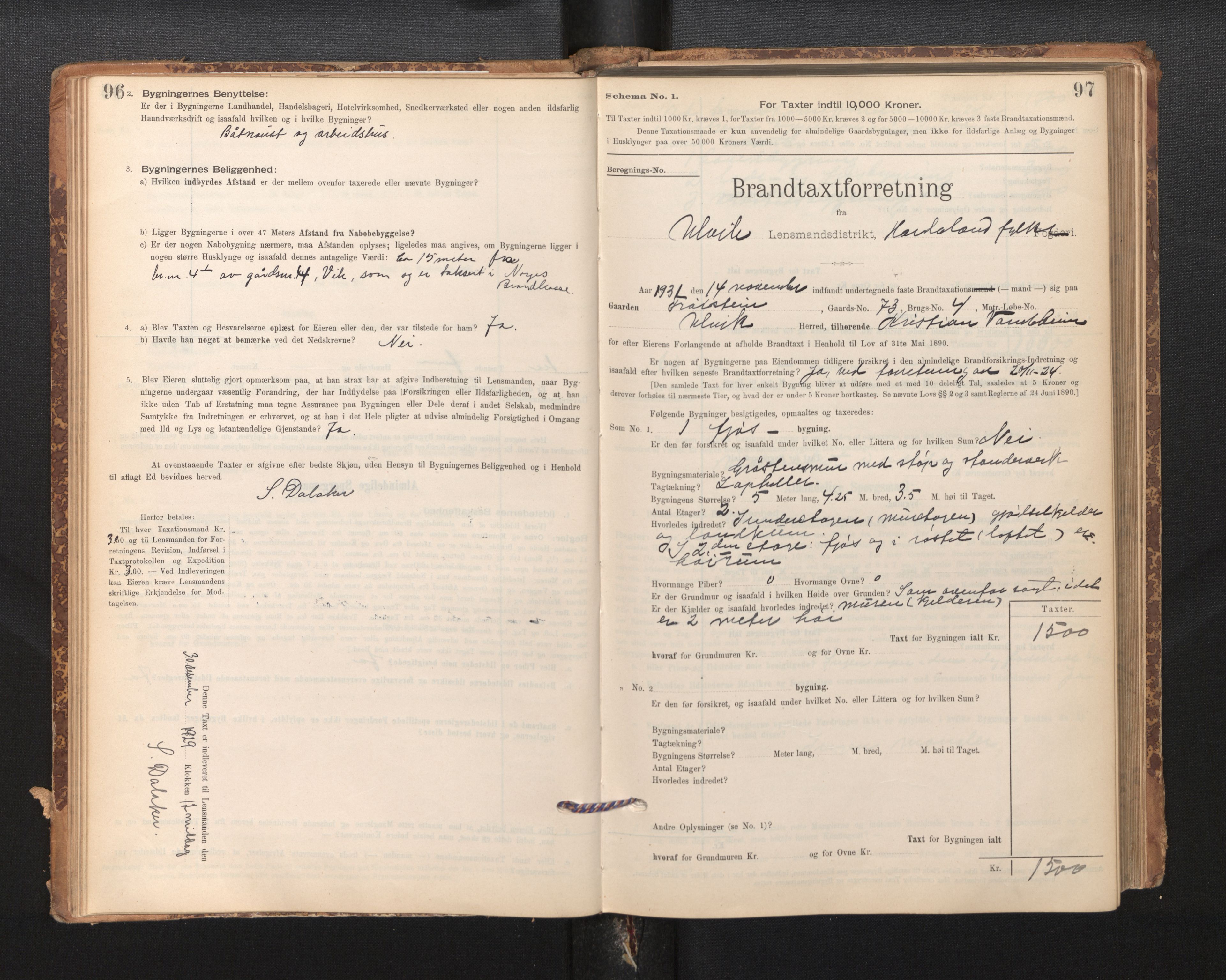 Lensmannen i Ulvik, SAB/A-35601/0012/L0003: Branntakstprotokoll, skjematakst, 1895-1946, p. 96-97