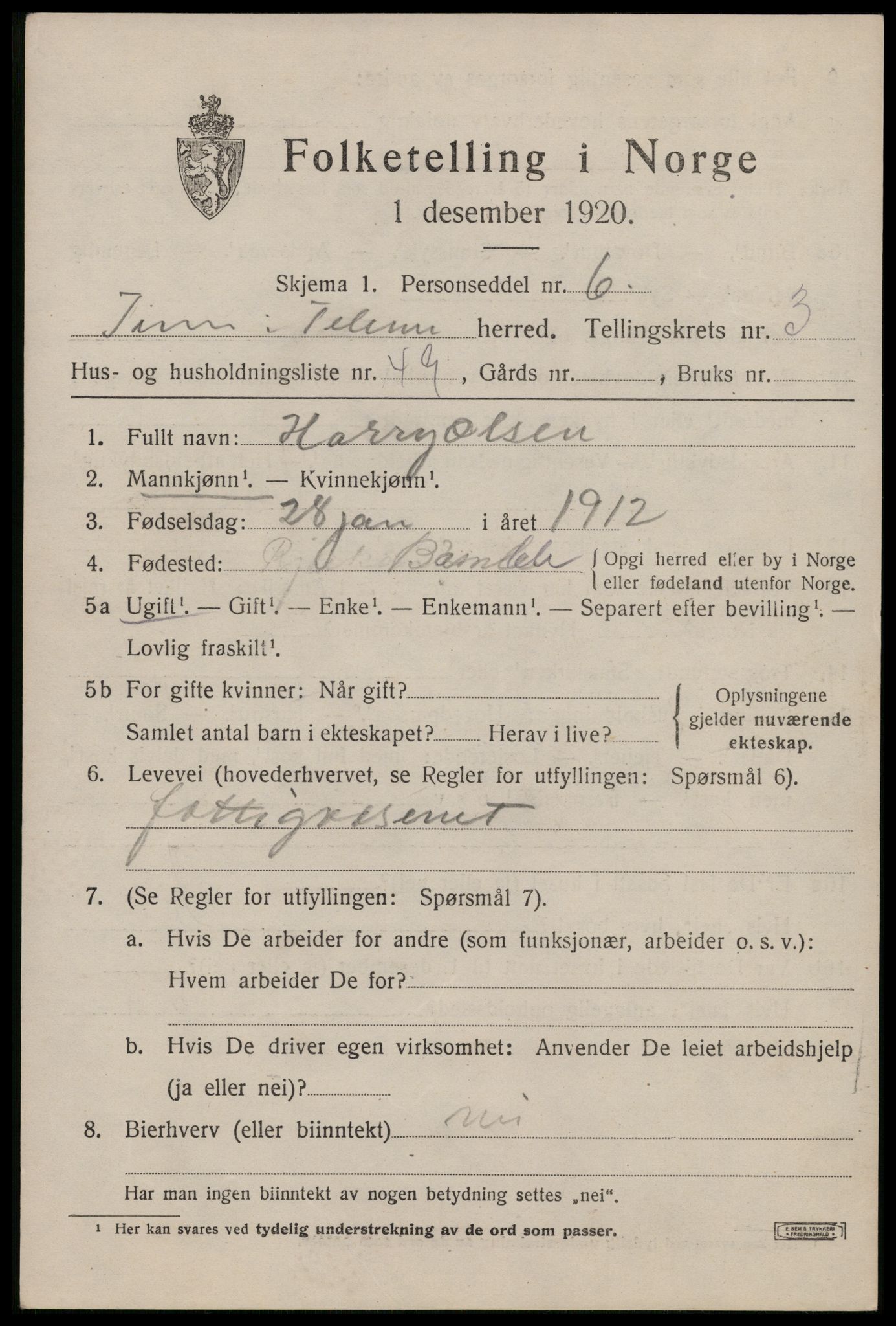 SAKO, 1920 census for Tinn, 1920, p. 3796