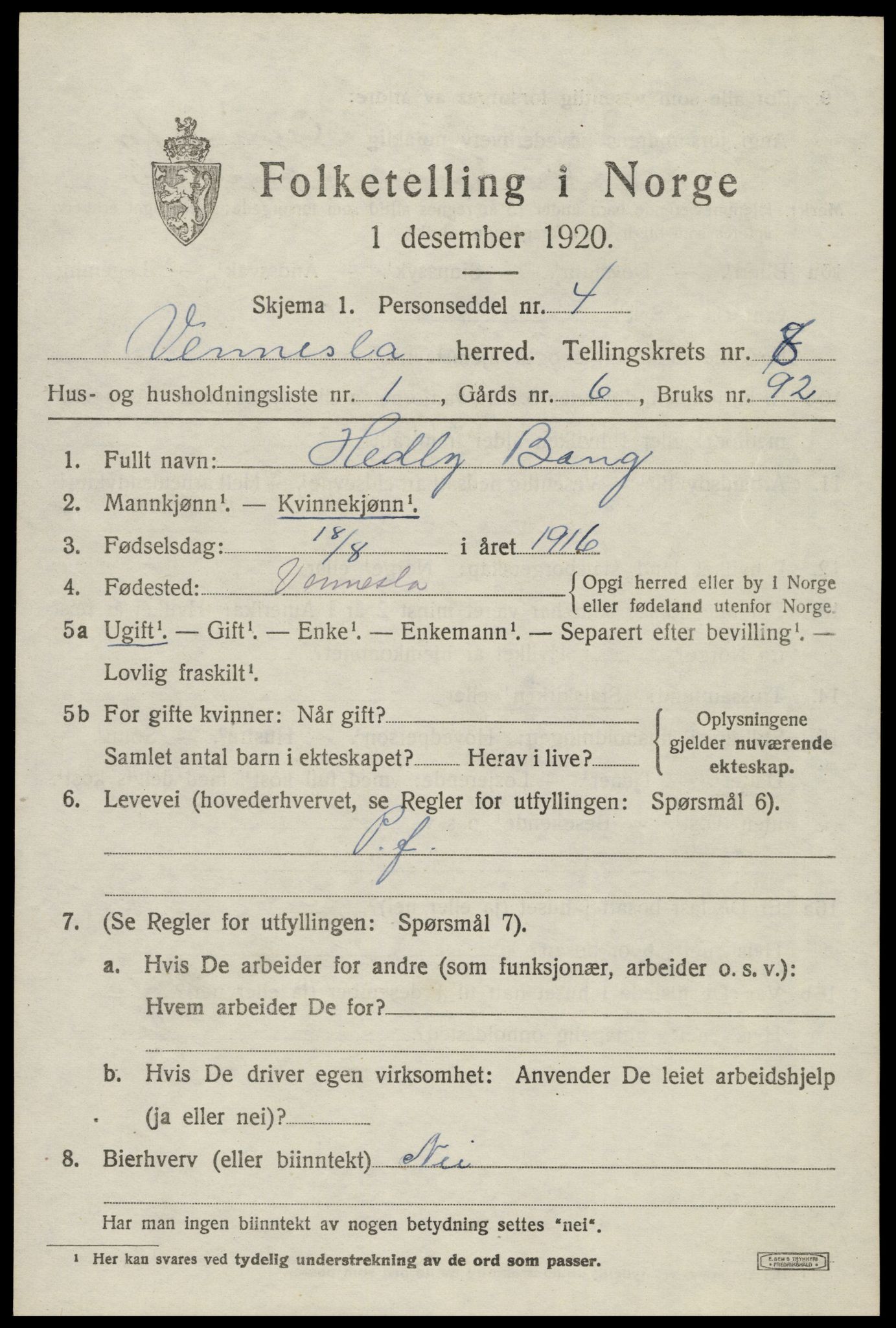 SAK, 1920 census for Vennesla, 1920, p. 5516