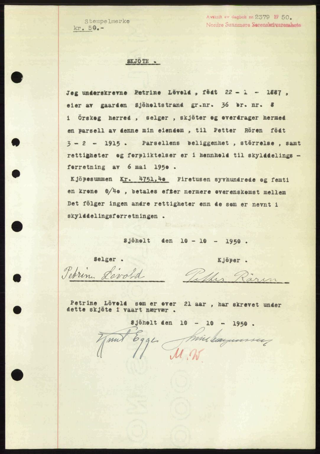 Nordre Sunnmøre sorenskriveri, AV/SAT-A-0006/1/2/2C/2Ca: Mortgage book no. A36, 1950-1950, Diary no: : 2379/1950